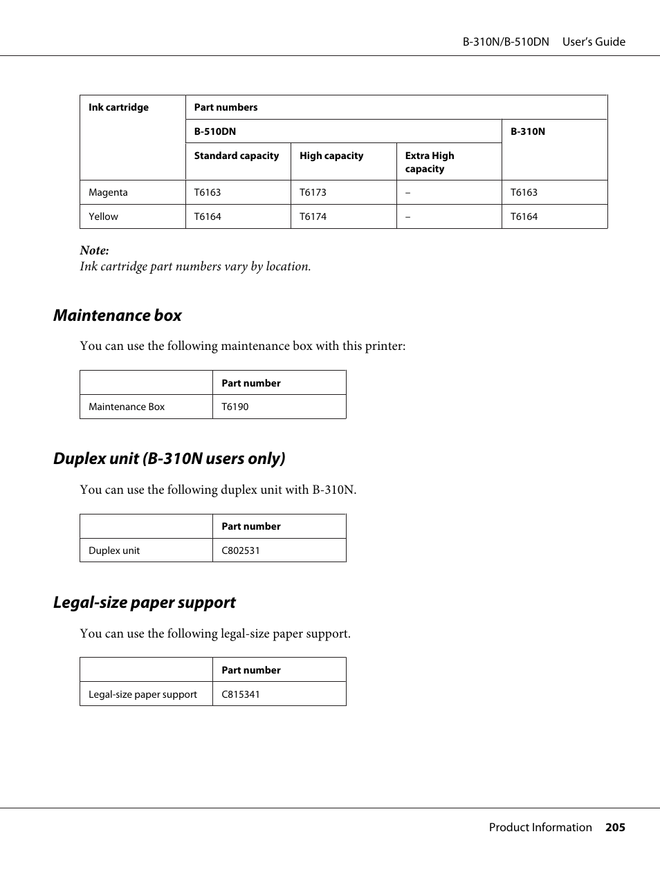 Maintenance box, Duplex unit (b-310n users only), Legal-size paper support | Epson B 510DN User Manual | Page 205 / 218