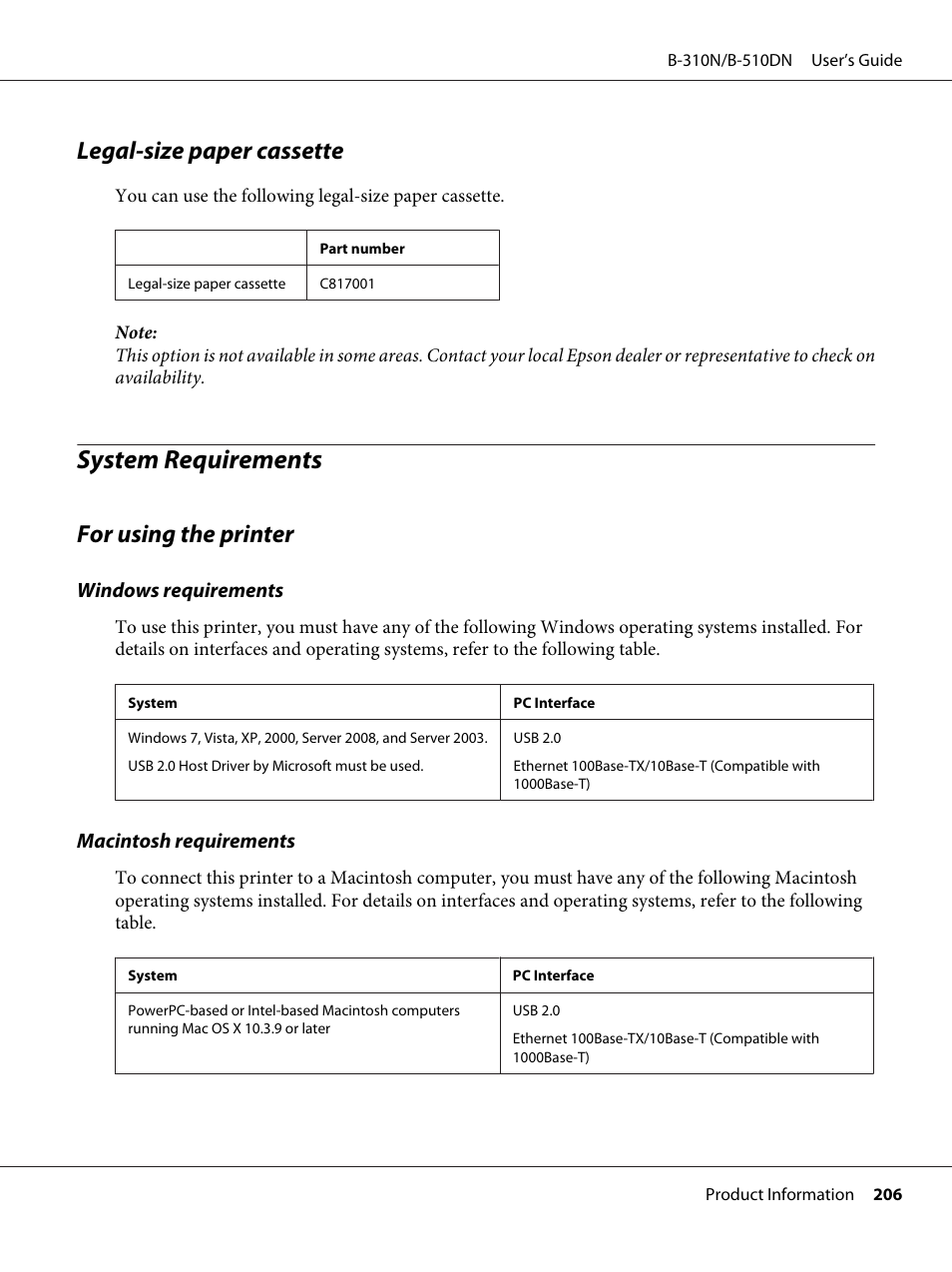 Legal-size paper cassette, System requirements, For using the printer | Epson B 510DN User Manual | Page 206 / 218