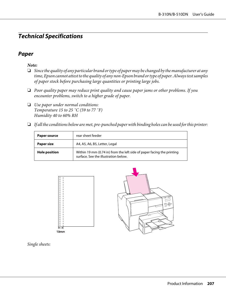 Technical specifications, Paper | Epson B 510DN User Manual | Page 207 / 218