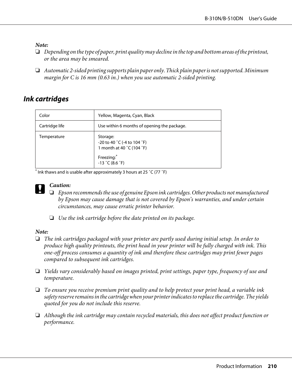 Ink cartridges | Epson B 510DN User Manual | Page 210 / 218