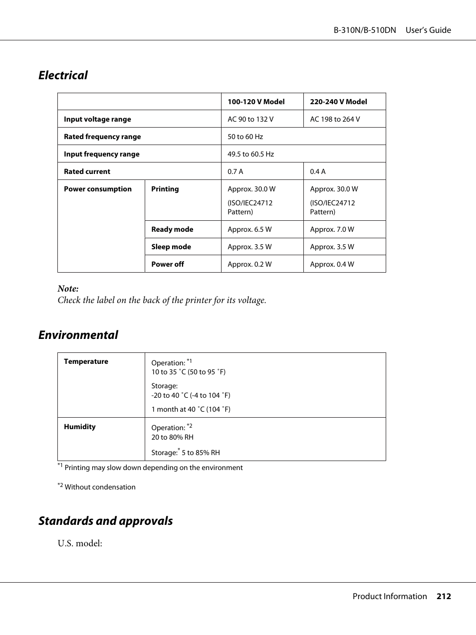 Electrical, Environmental, Standards and approvals | Electrical environmental standards and approvals, U.s. model | Epson B 510DN User Manual | Page 212 / 218