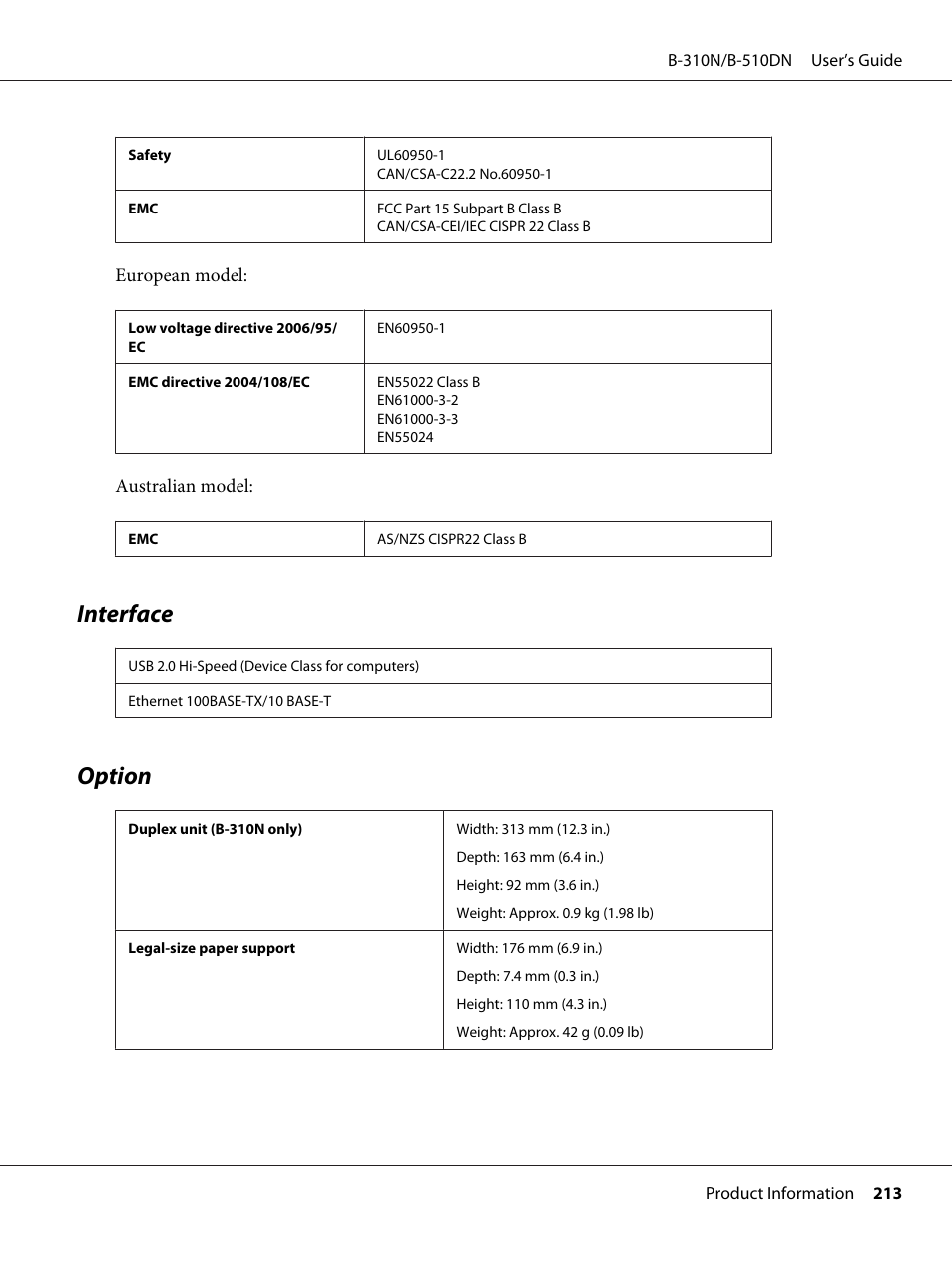 Interface, Option, Interface option | Epson B 510DN User Manual | Page 213 / 218
