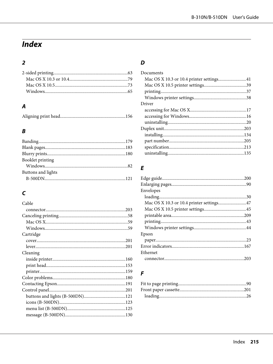Index | Epson B 510DN User Manual | Page 215 / 218