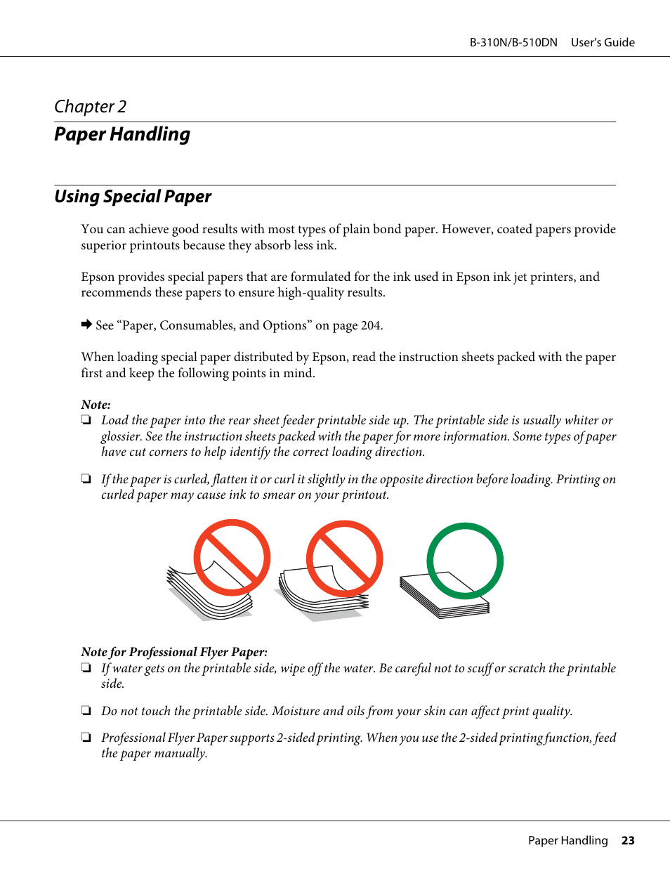 Paper handling, Using special paper, Chapter 2 paper handling | Chapter 2 | Epson B 510DN User Manual | Page 23 / 218