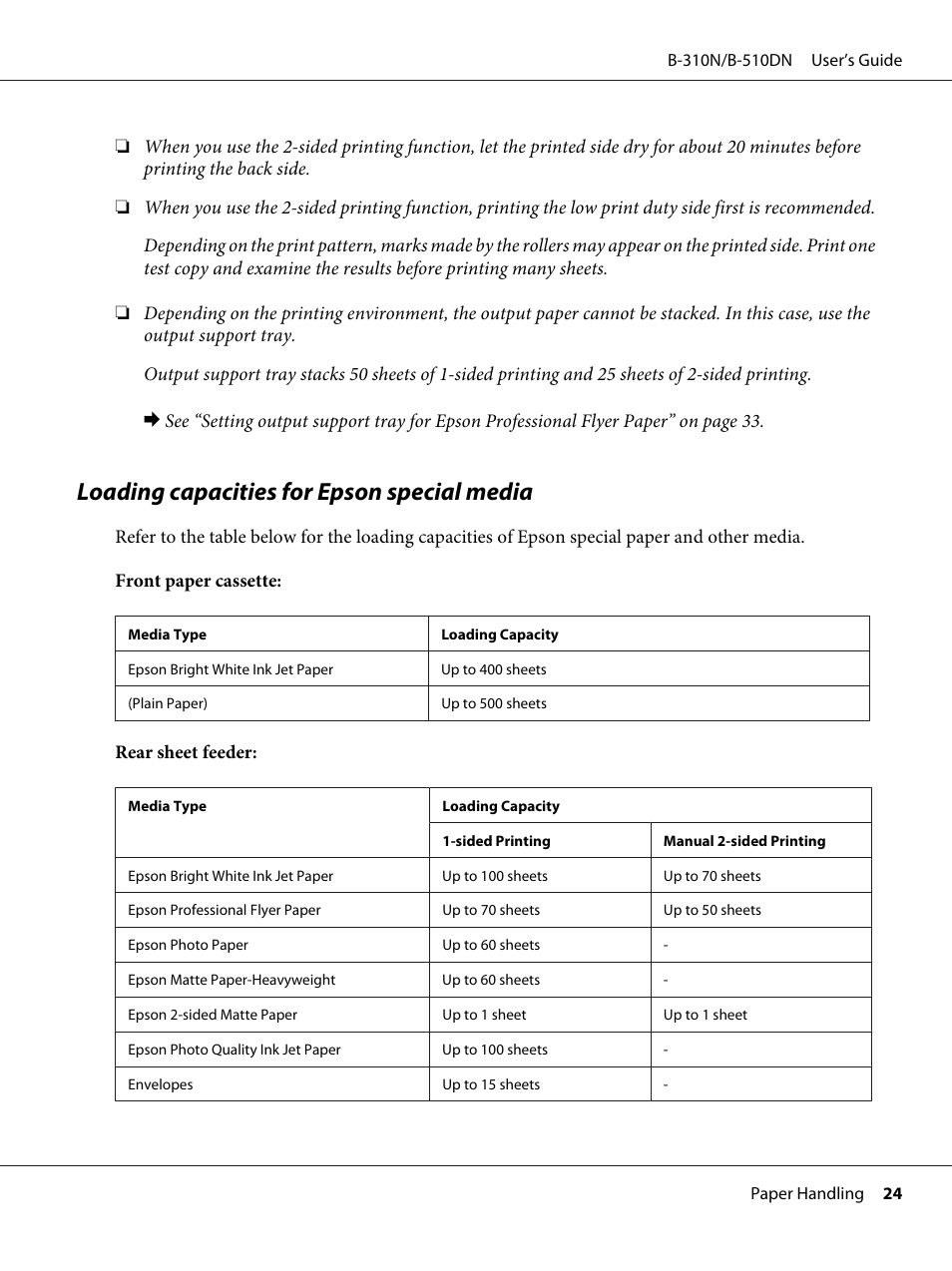 Loading capacities for epson special media | Epson B 510DN User Manual | Page 24 / 218
