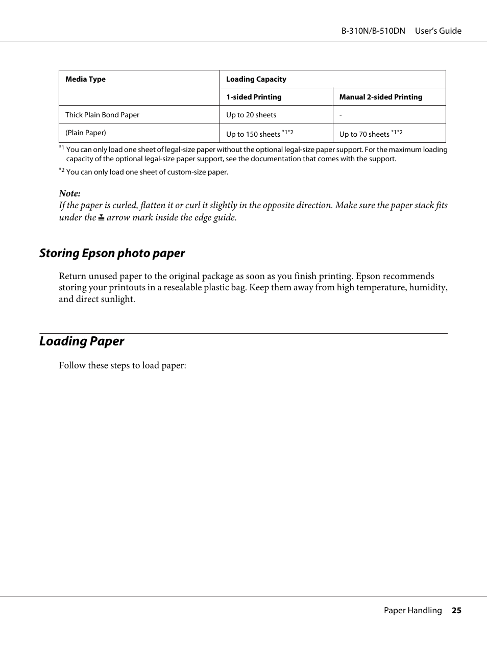 Storing epson photo paper, Loading paper | Epson B 510DN User Manual | Page 25 / 218
