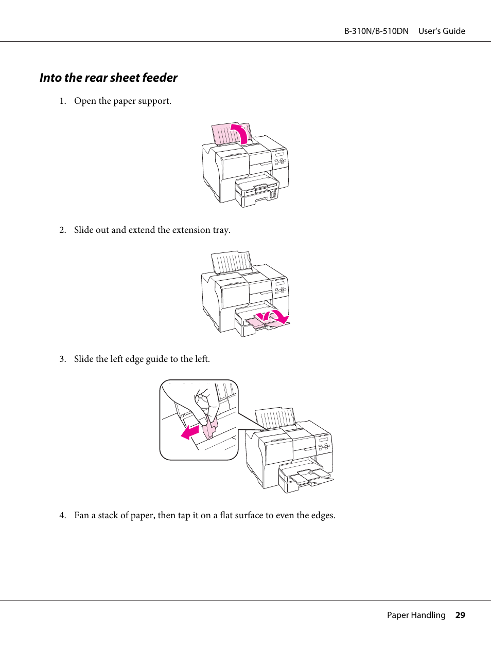 Into the rear sheet feeder | Epson B 510DN User Manual | Page 29 / 218