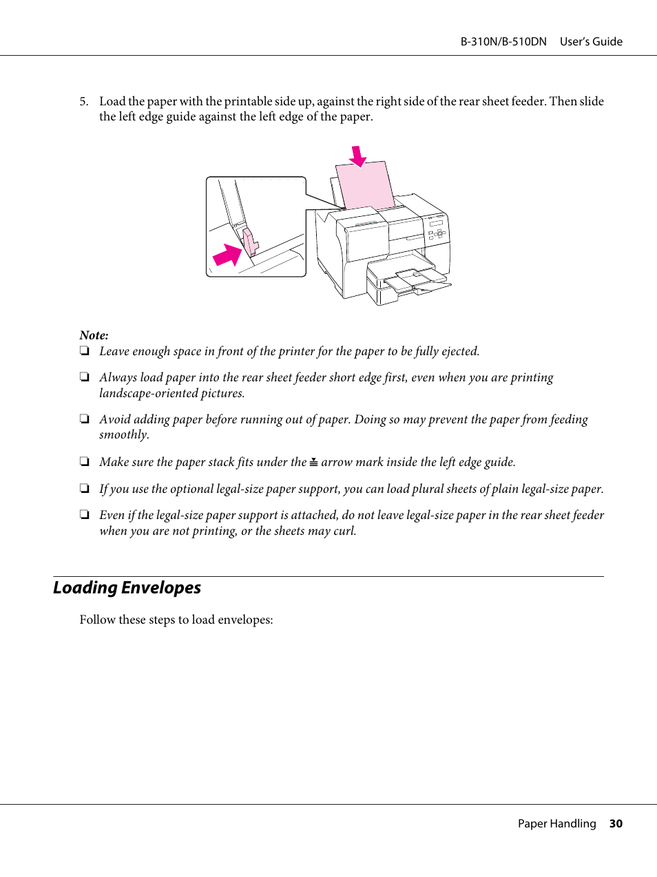 Loading envelopes | Epson B 510DN User Manual | Page 30 / 218