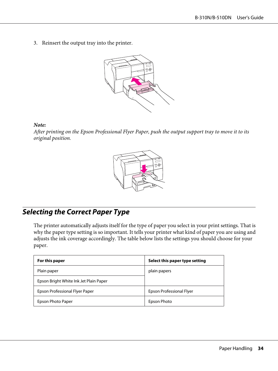 Selecting the correct paper type | Epson B 510DN User Manual | Page 34 / 218