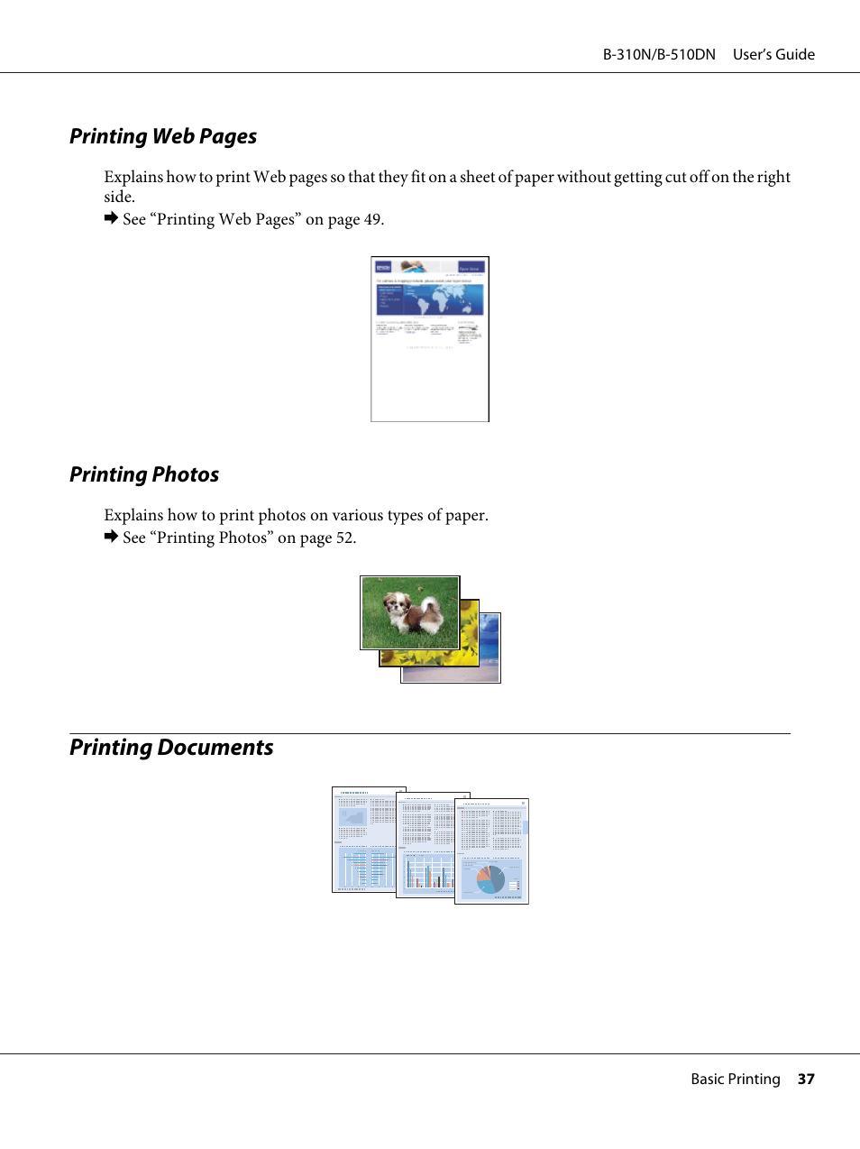 Printing photos, Printing documents, Printing web pages | Epson B 510DN User Manual | Page 37 / 218