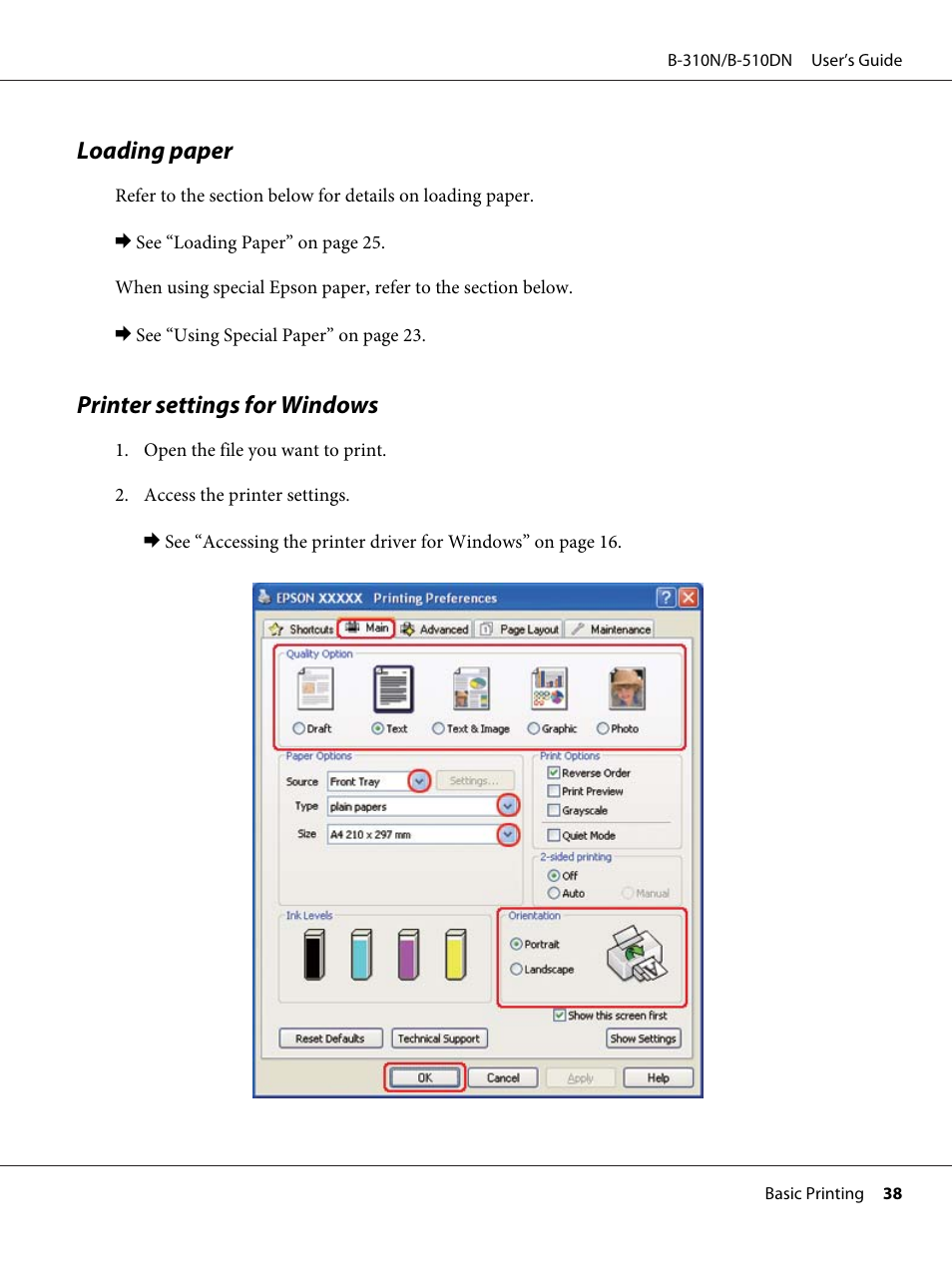 Loading paper, Printer settings for windows, Loading paper printer settings for windows | Epson B 510DN User Manual | Page 38 / 218