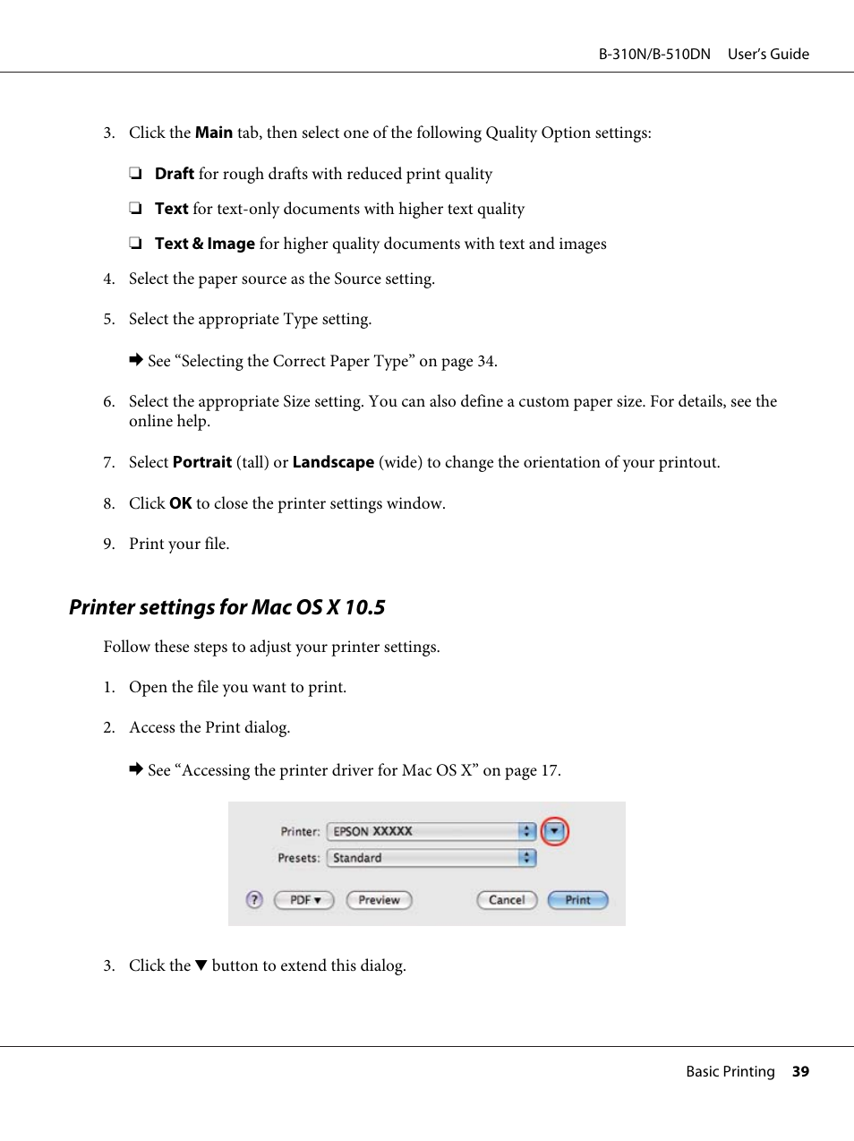 Printer settings for mac os x 10.5 | Epson B 510DN User Manual | Page 39 / 218