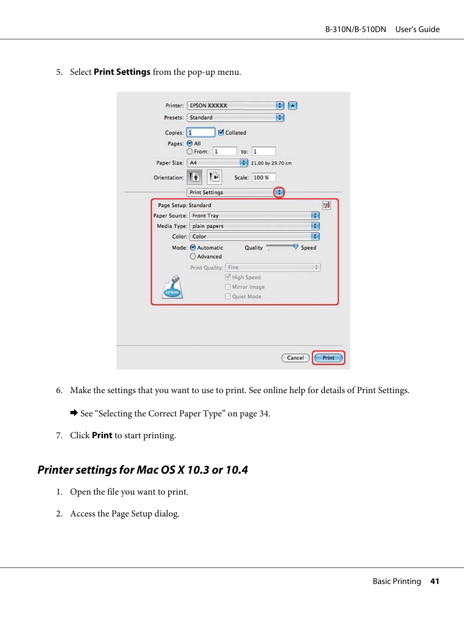 Printer settings for mac os x 10.3 or 10.4 | Epson B 510DN User Manual | Page 41 / 218
