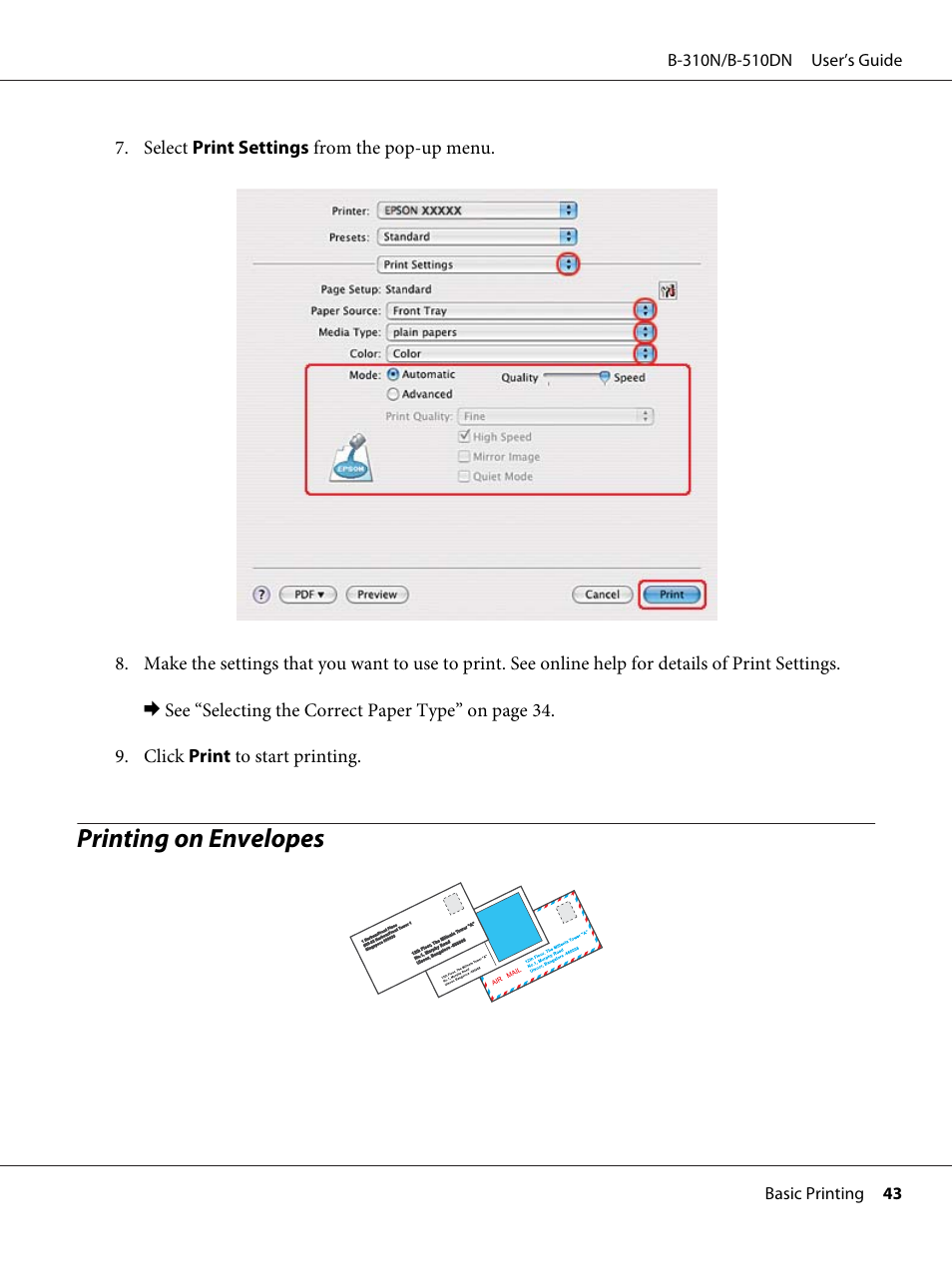 Printing on envelopes | Epson B 510DN User Manual | Page 43 / 218