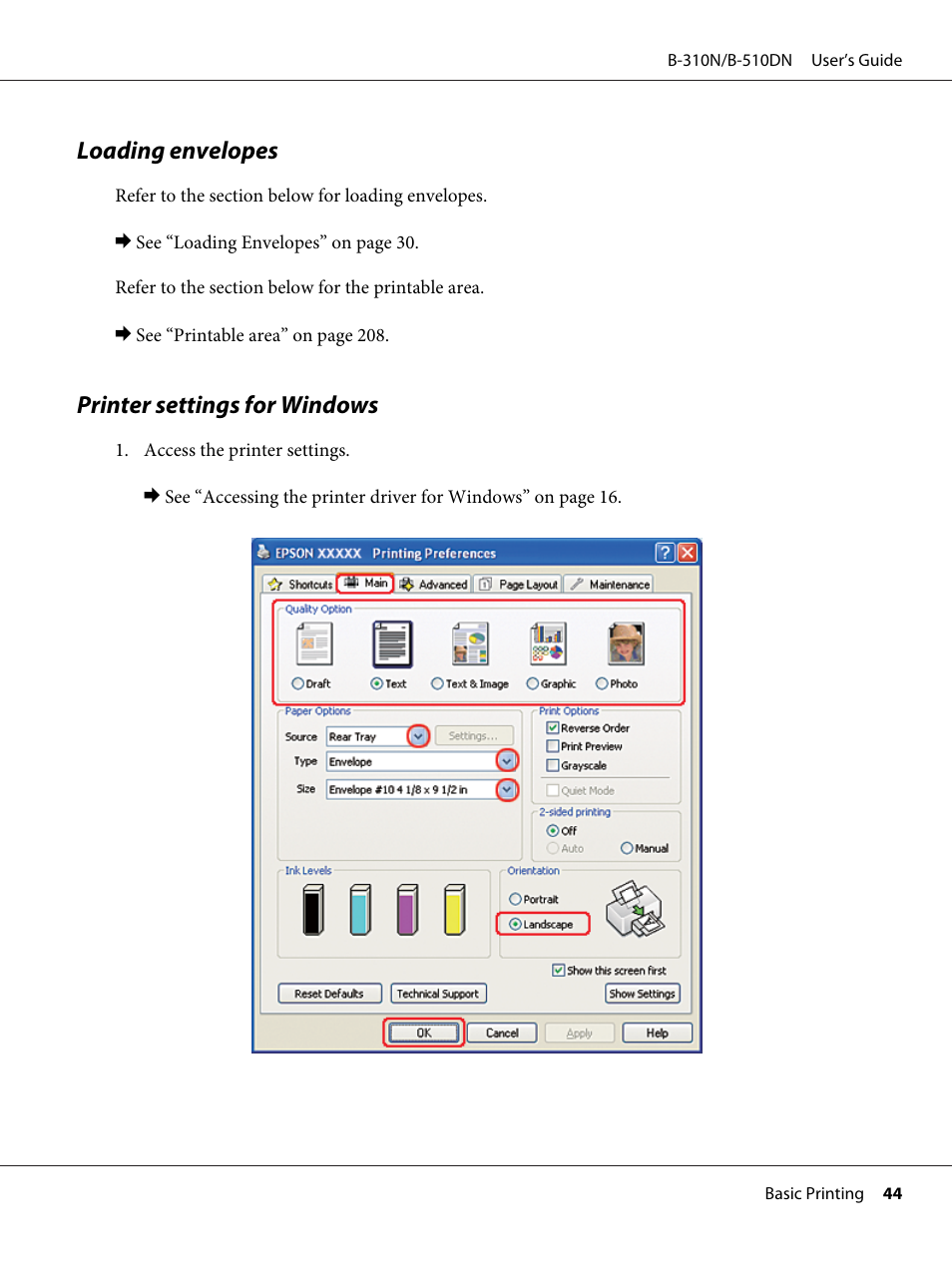 Loading envelopes, Printer settings for windows, Loading envelopes printer settings for windows | Epson B 510DN User Manual | Page 44 / 218