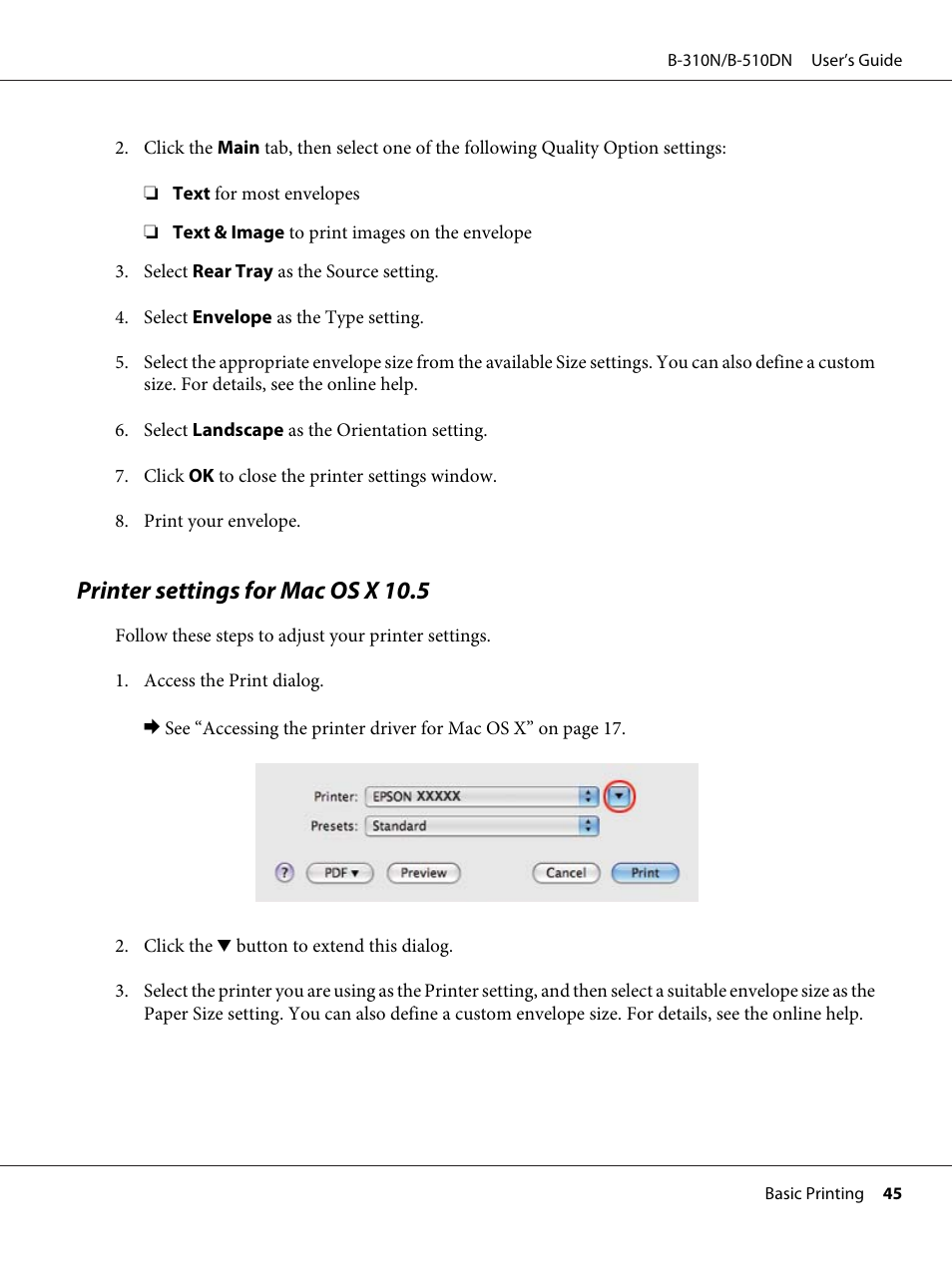 Printer settings for mac os x 10.5 | Epson B 510DN User Manual | Page 45 / 218