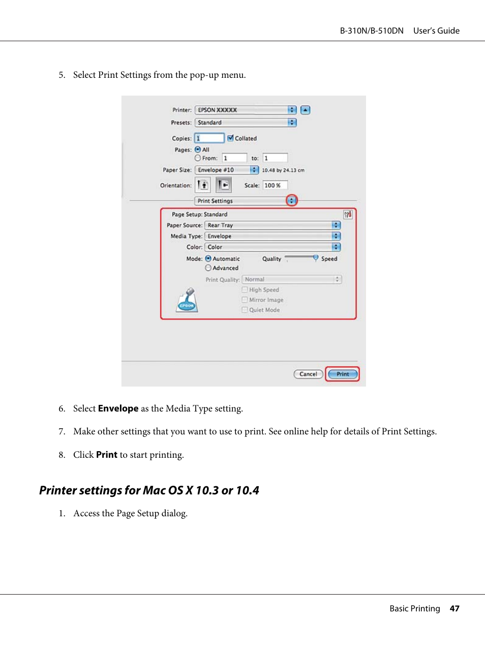 Printer settings for mac os x 10.3 or 10.4 | Epson B 510DN User Manual | Page 47 / 218