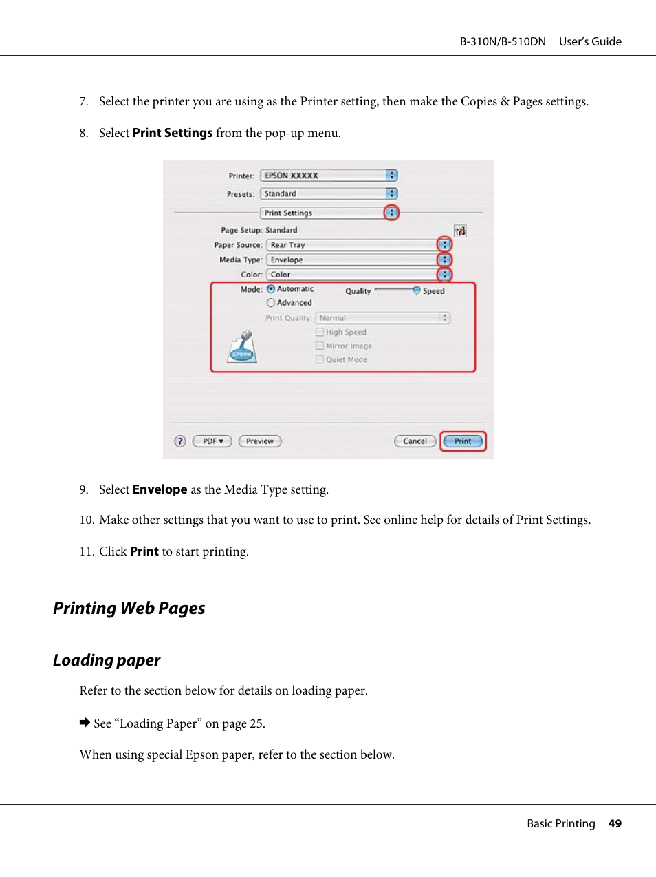 Loading paper, Printing web pages | Epson B 510DN User Manual | Page 49 / 218