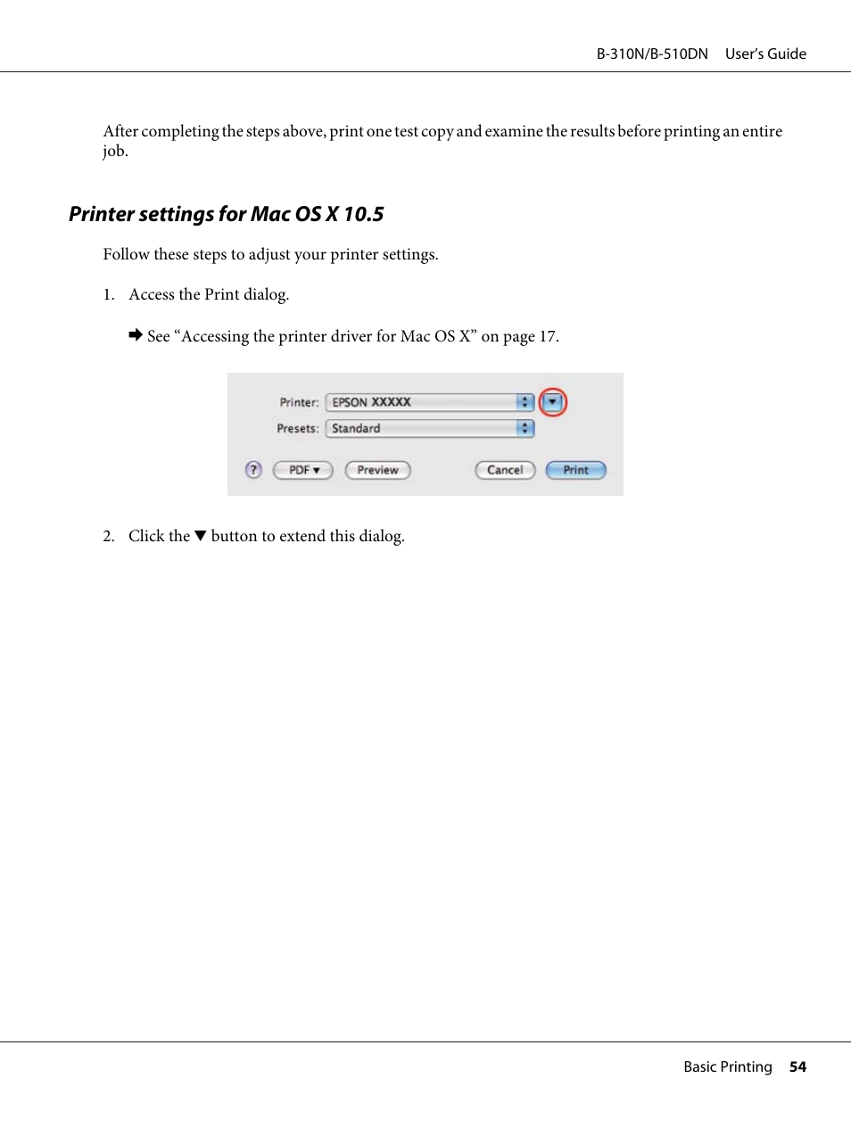 Printer settings for mac os x 10.5 | Epson B 510DN User Manual | Page 54 / 218