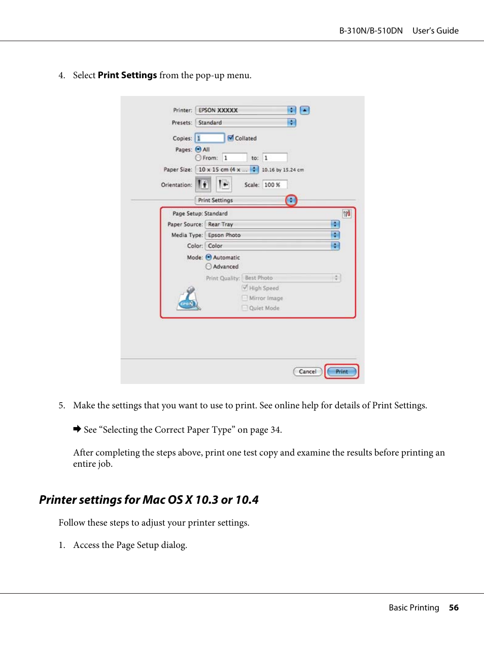 Printer settings for mac os x 10.3 or 10.4 | Epson B 510DN User Manual | Page 56 / 218