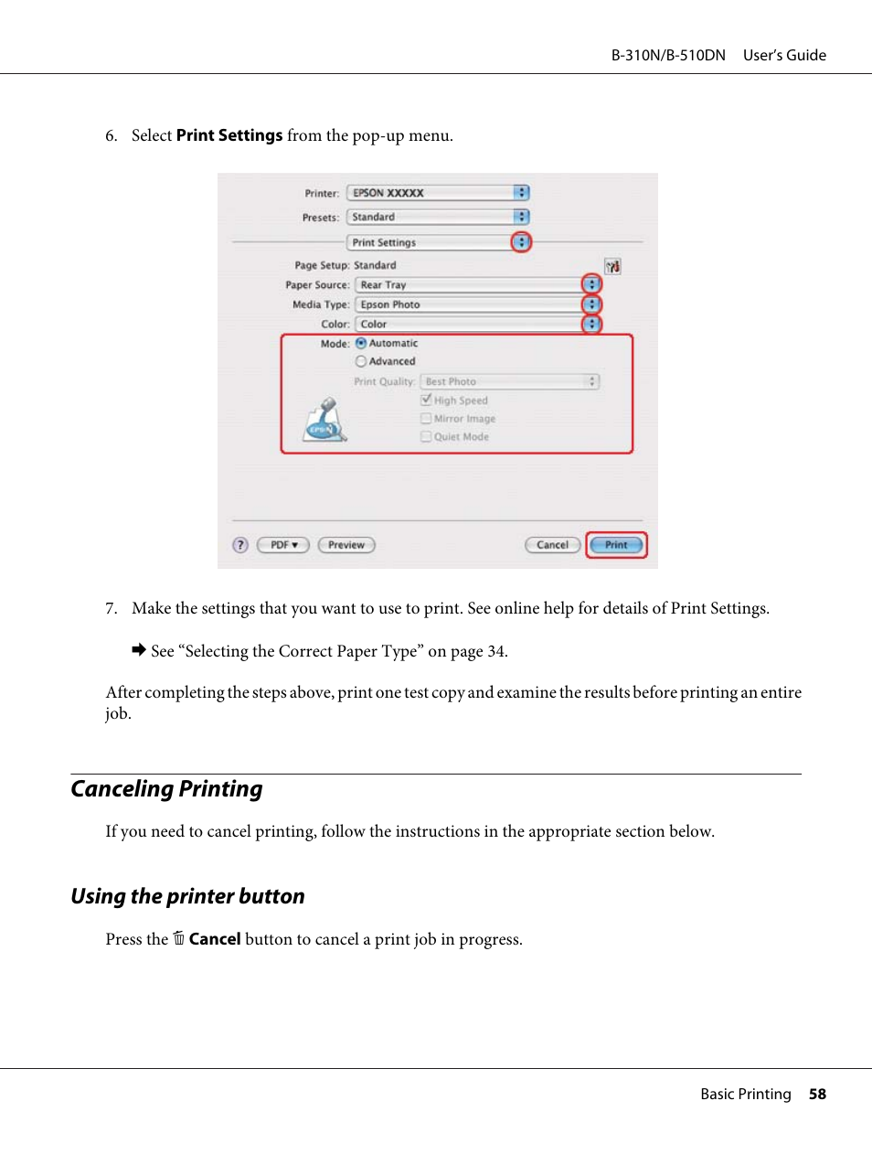 Canceling printing, Using the printer button | Epson B 510DN User Manual | Page 58 / 218