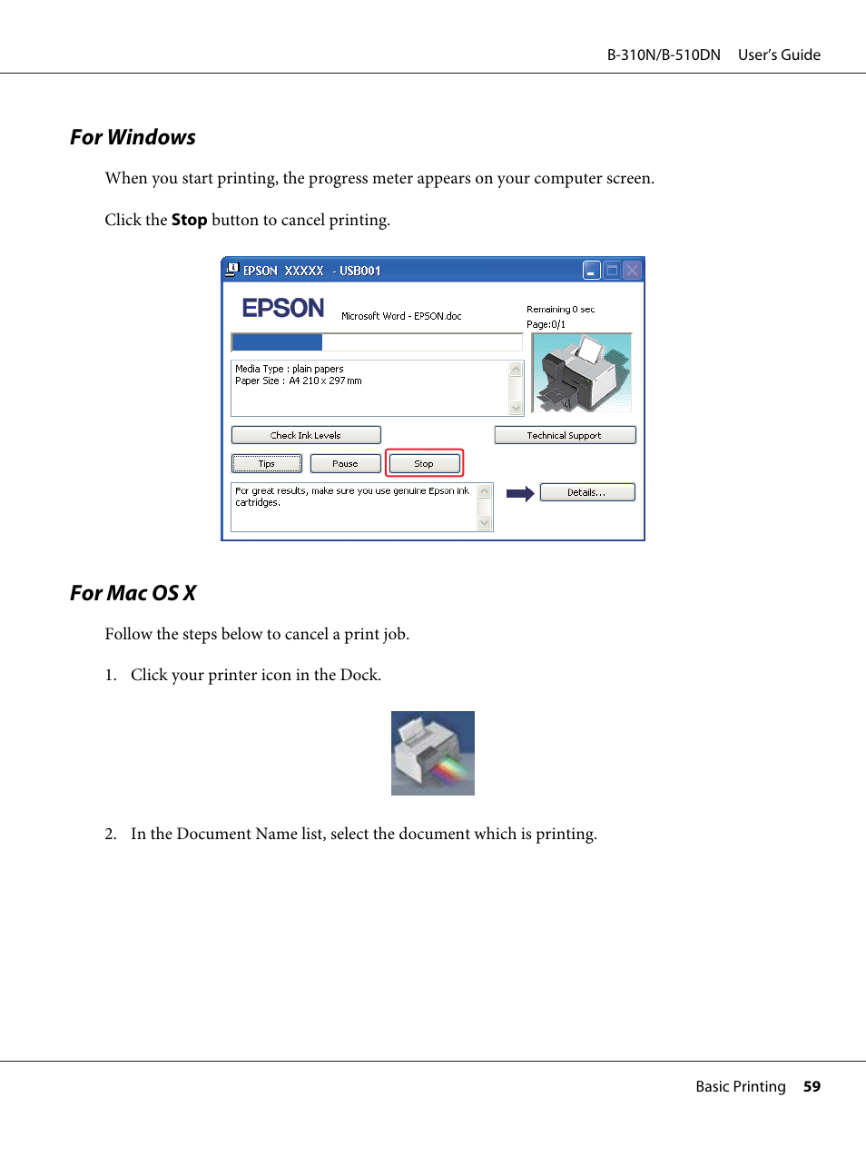 For windows, For mac os x, For windows for mac os x | Epson B 510DN User Manual | Page 59 / 218