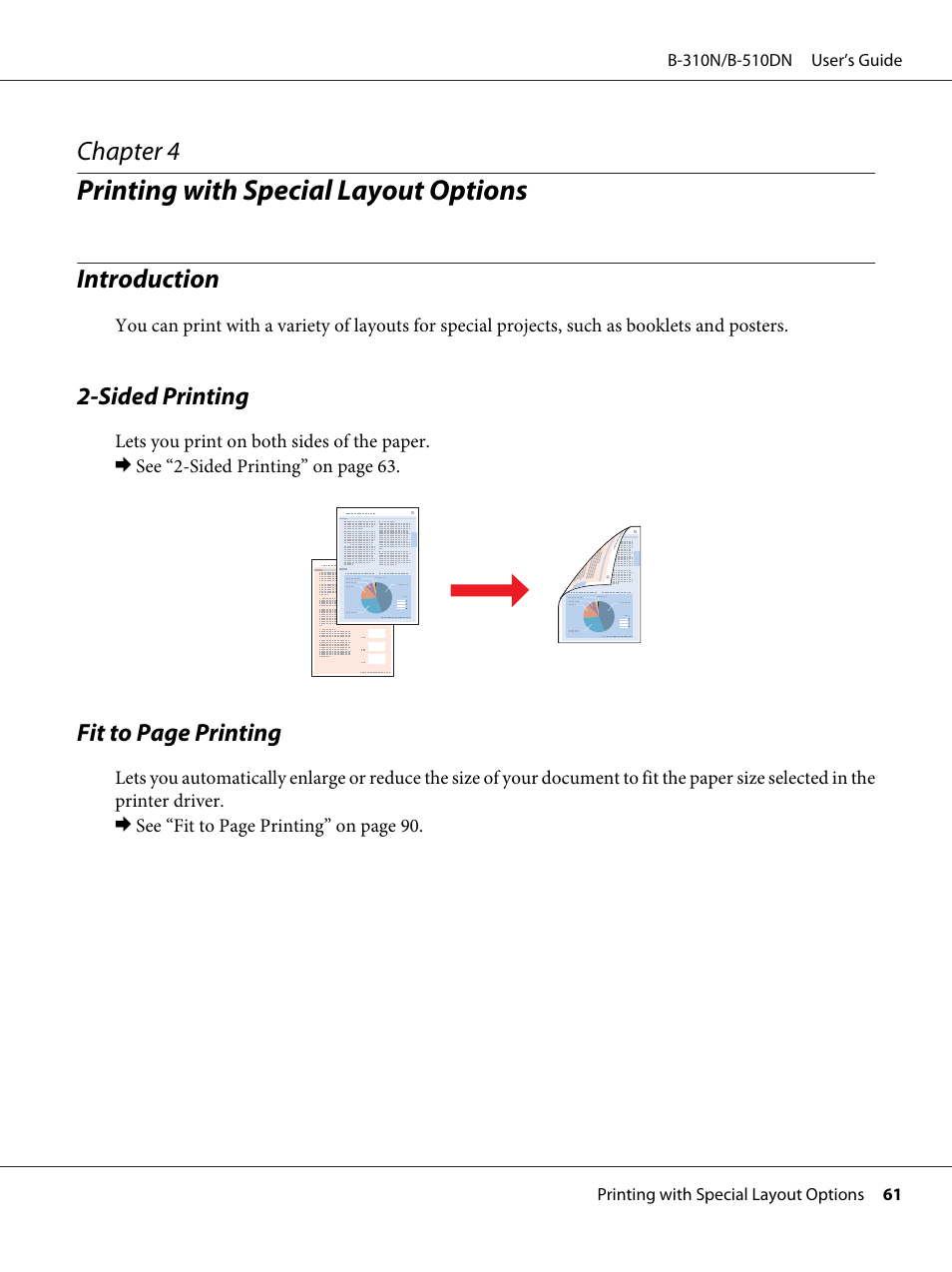 Printing with special layout options, Introduction, Sided printing | Chapter 4 printing with special layout options, Chapter 4 | Epson B 510DN User Manual | Page 61 / 218