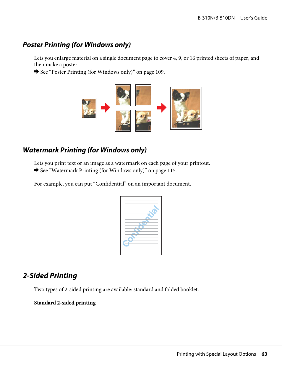 Poster printing (for windows only), Watermark printing (for windows only), Sided printing | Epson B 510DN User Manual | Page 63 / 218