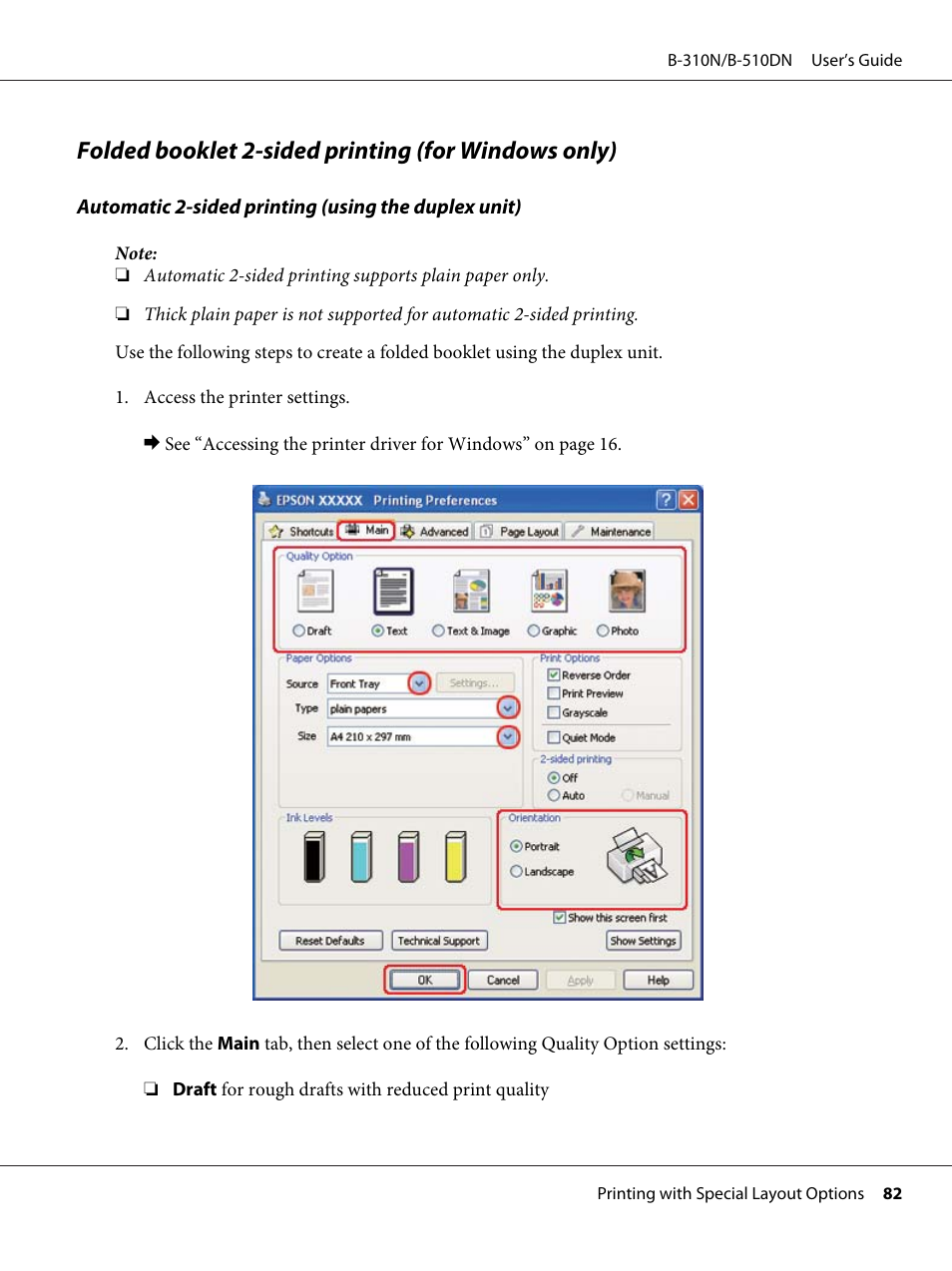 Folded booklet 2-sided printing (for windows only) | Epson B 510DN User Manual | Page 82 / 218