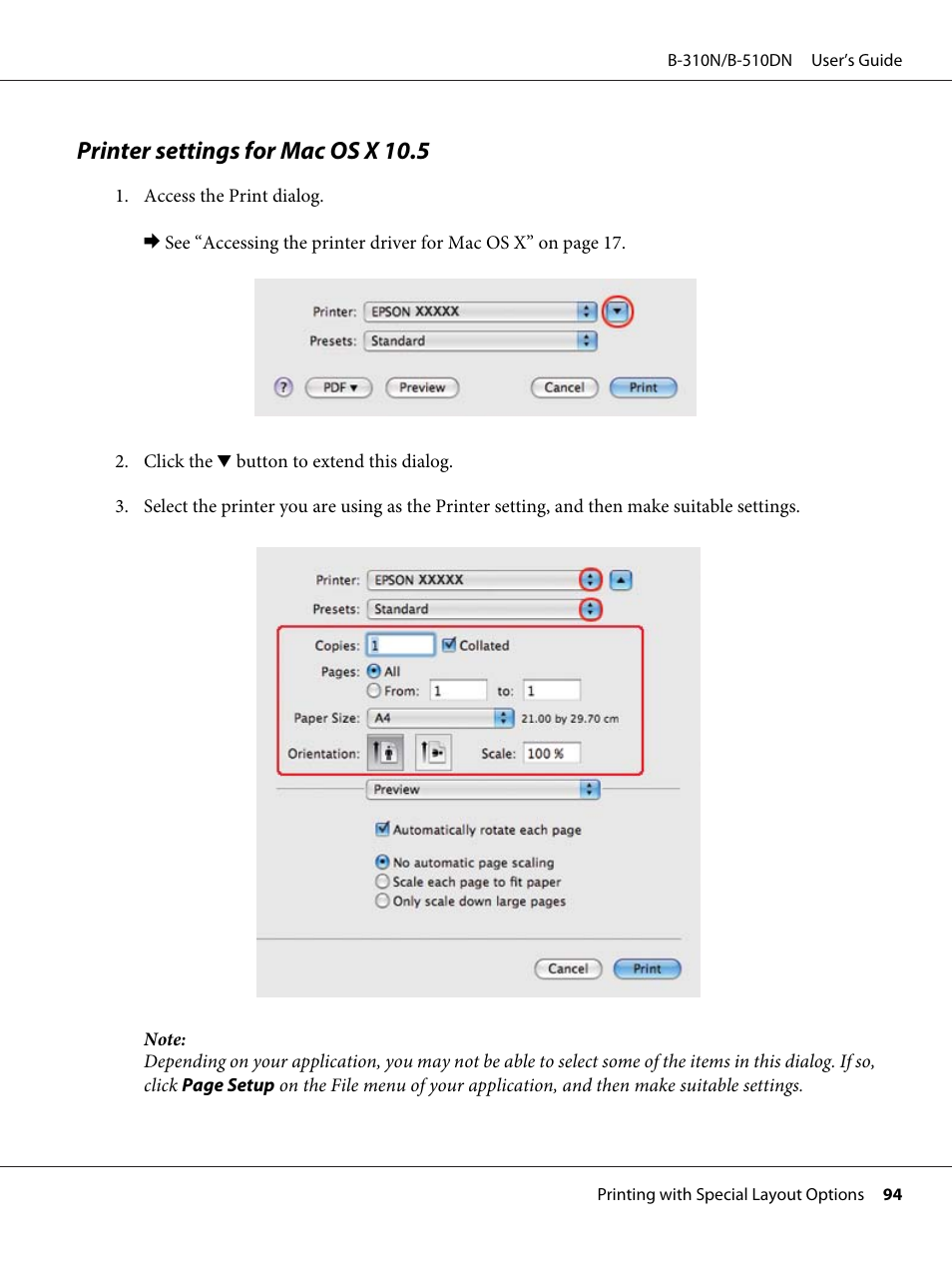 Printer settings for mac os x 10.5 | Epson B 510DN User Manual | Page 94 / 218
