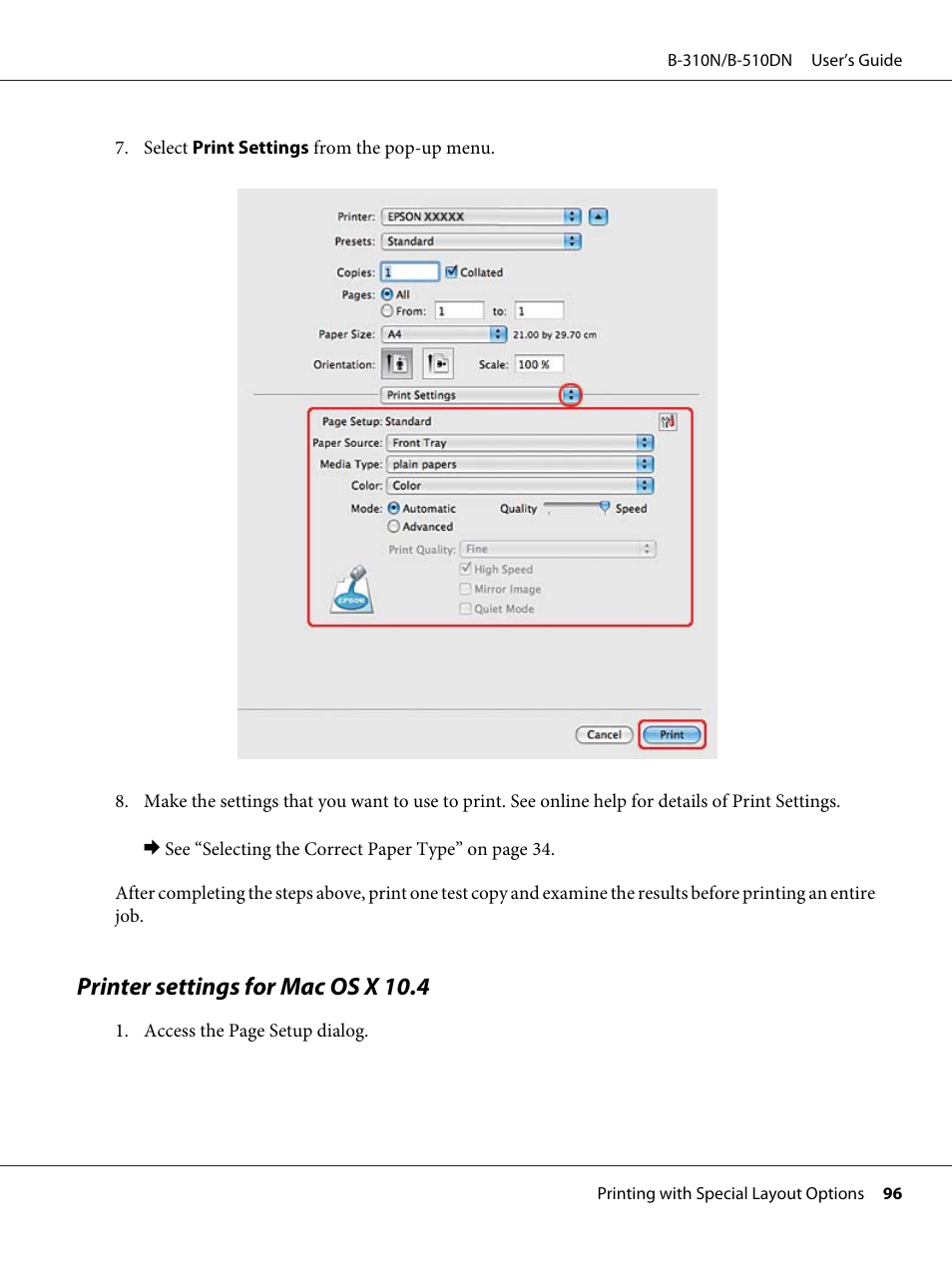 Printer settings for mac os x 10.4 | Epson B 510DN User Manual | Page 96 / 218