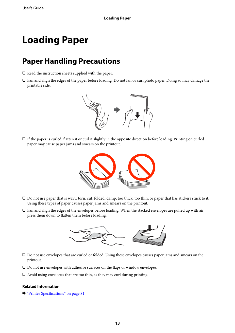 Loading paper, Paper handling precautions | Epson L805 User Manual | Page 13 / 93