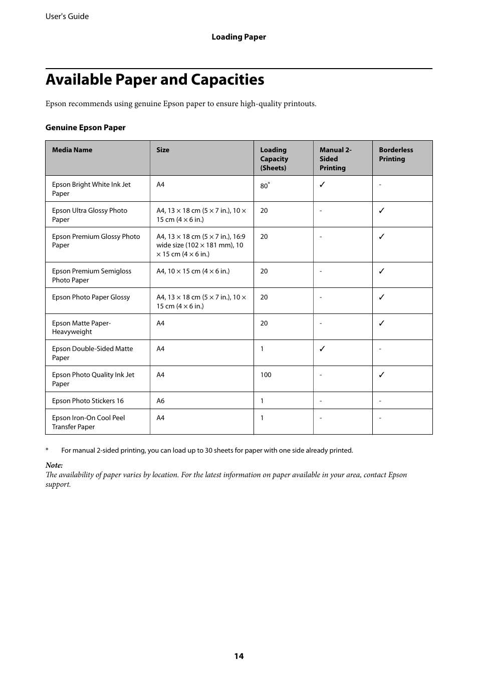 Available paper and capacities | Epson L805 User Manual | Page 14 / 93