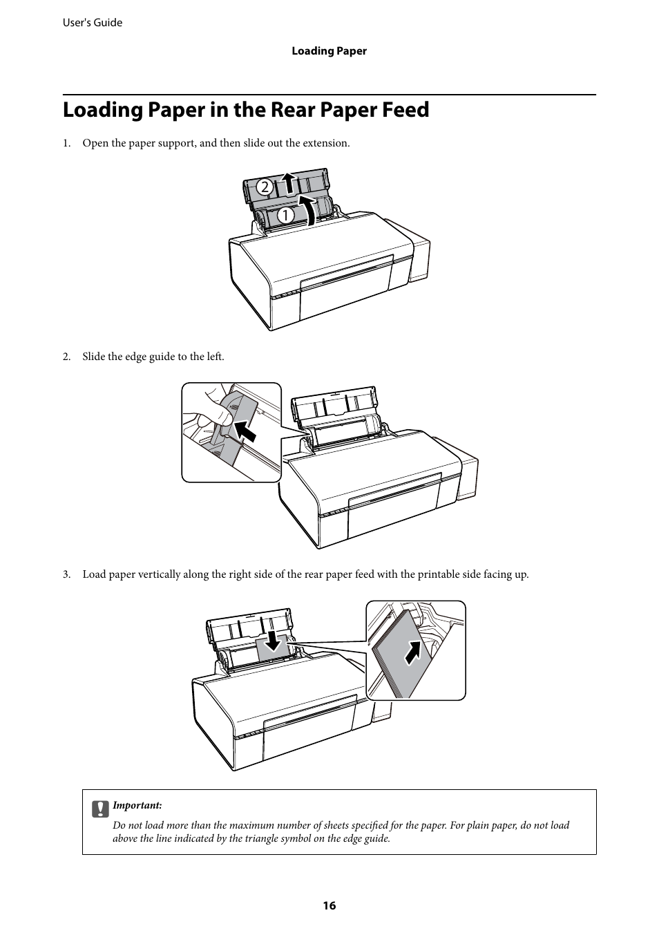 Loading paper in the rear paper feed | Epson L805 User Manual | Page 16 / 93