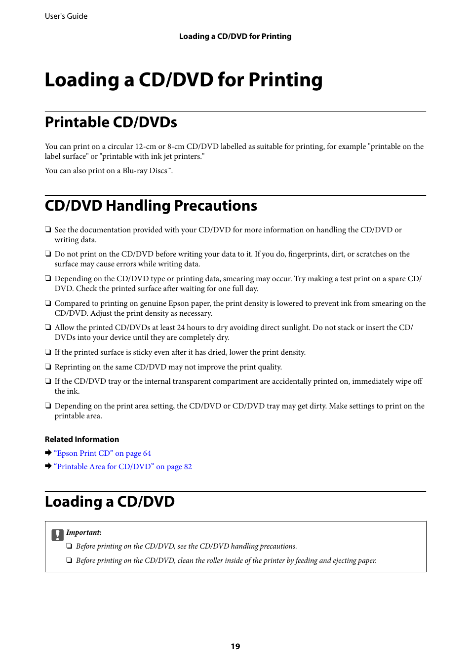 Loading a cd/dvd for printing, Printable cd/dvds, Cd/dvd handling precautions | Loading a cd/dvd | Epson L805 User Manual | Page 19 / 93