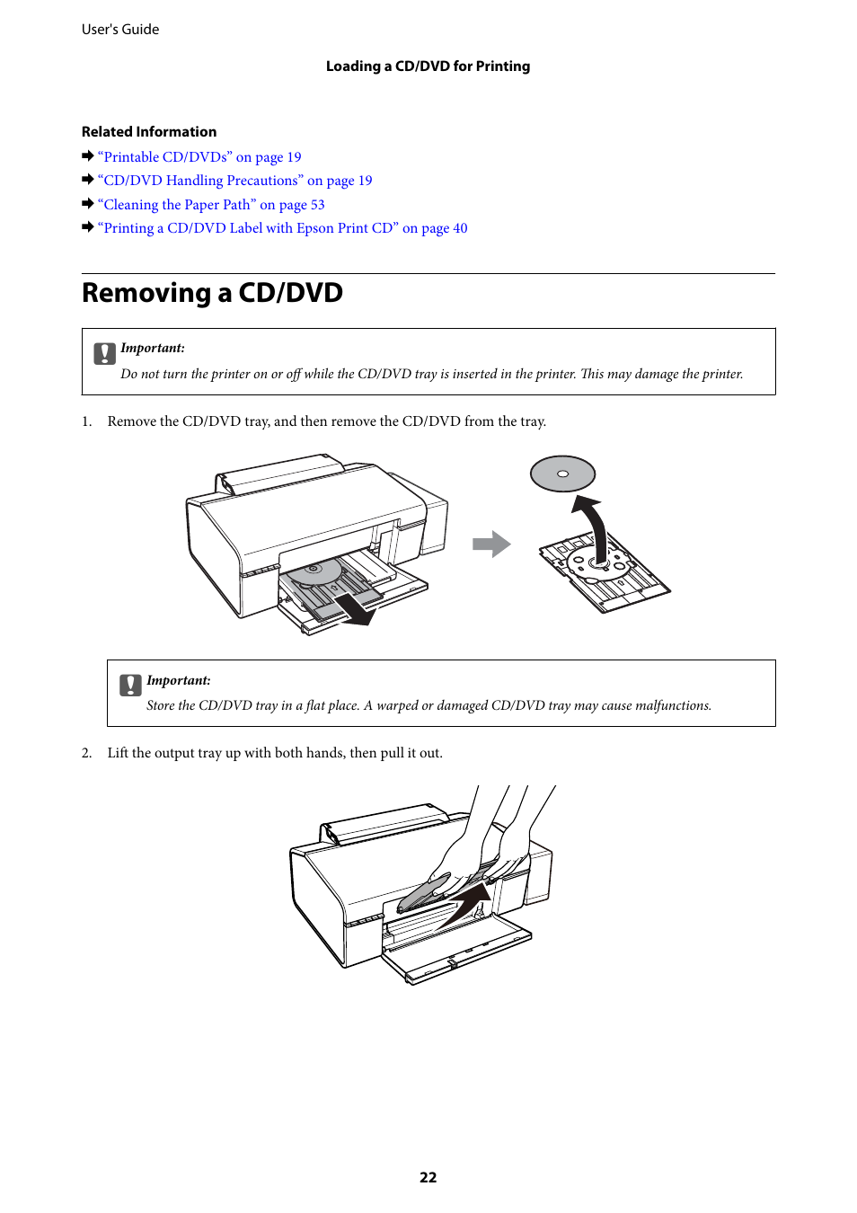 Removing a cd/dvd | Epson L805 User Manual | Page 22 / 93