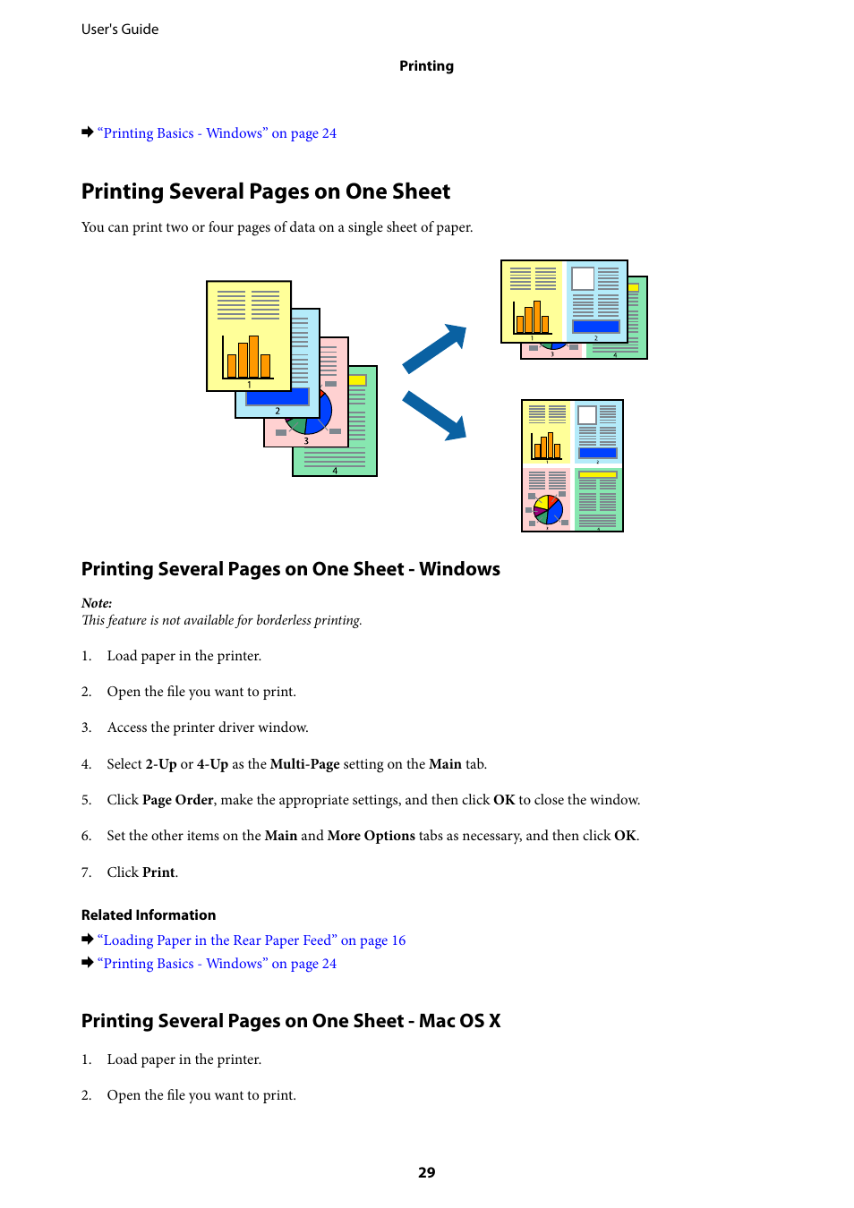 Printing several pages on one sheet, Printing several pages on one sheet - windows, Printing several pages on one sheet - mac os x | Epson L805 User Manual | Page 29 / 93