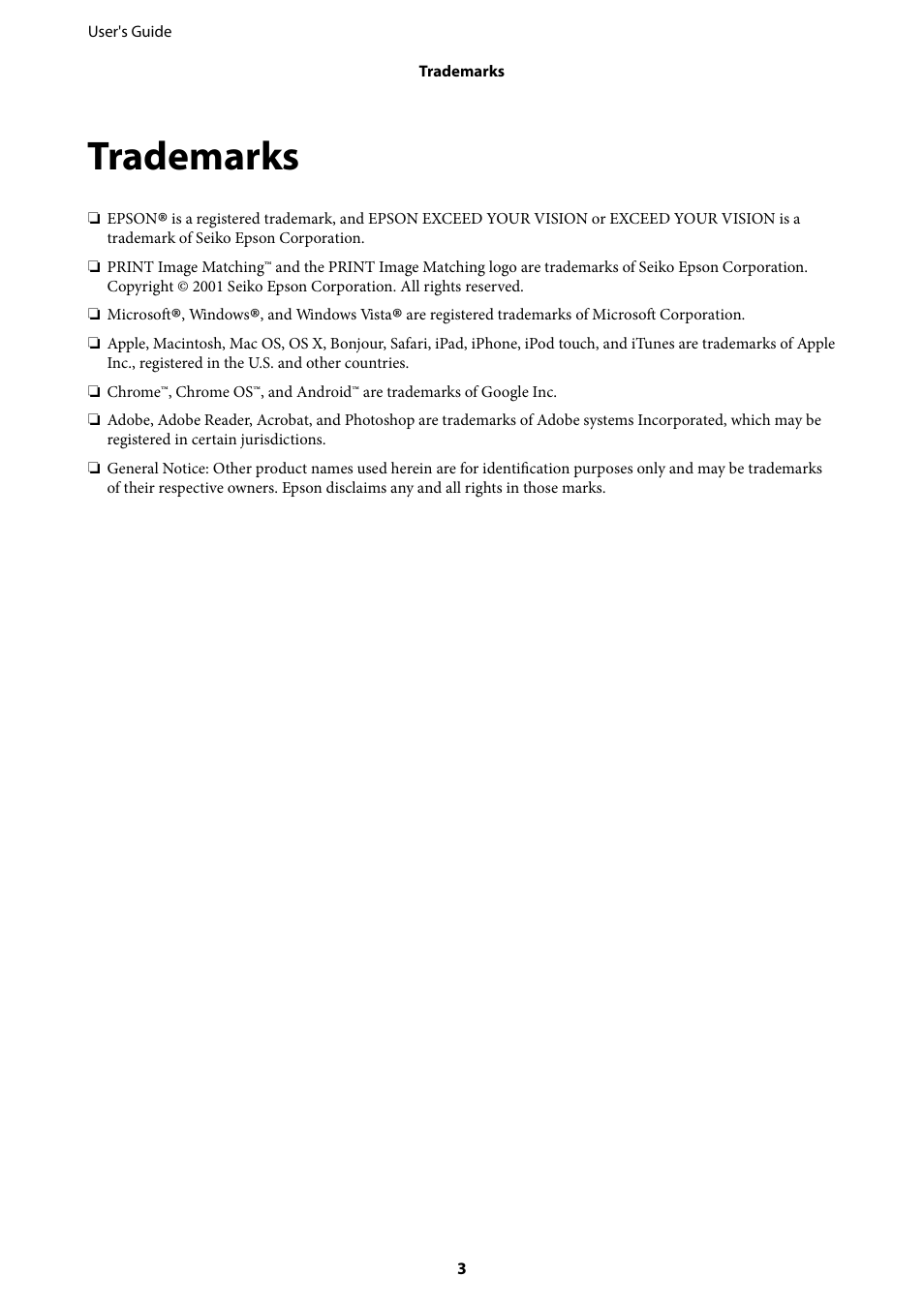 Trademarks | Epson L805 User Manual | Page 3 / 93