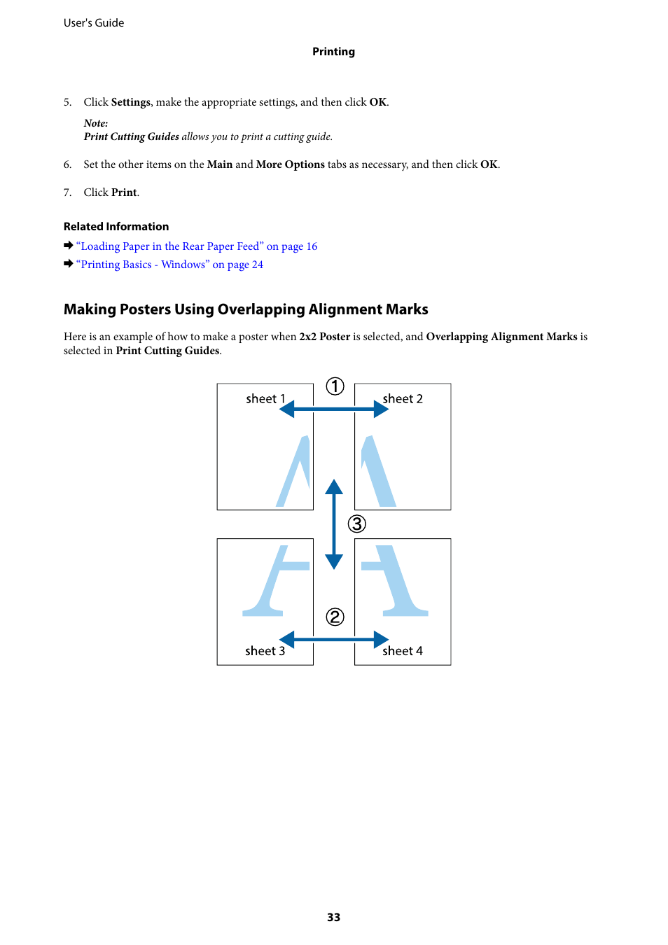 Making posters using overlapping alignment marks | Epson L805 User Manual | Page 33 / 93