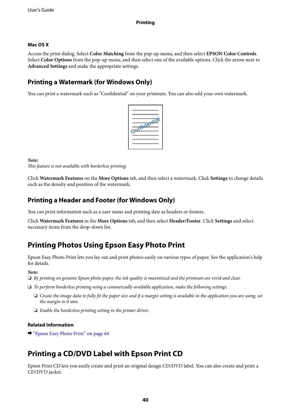 Printing photos using epson easy photo print, Printing a cd/dvd label with epson print cd, Printing a watermark (for windows only) | Printing a header and footer (for windows only) | Epson L805 User Manual | Page 40 / 93