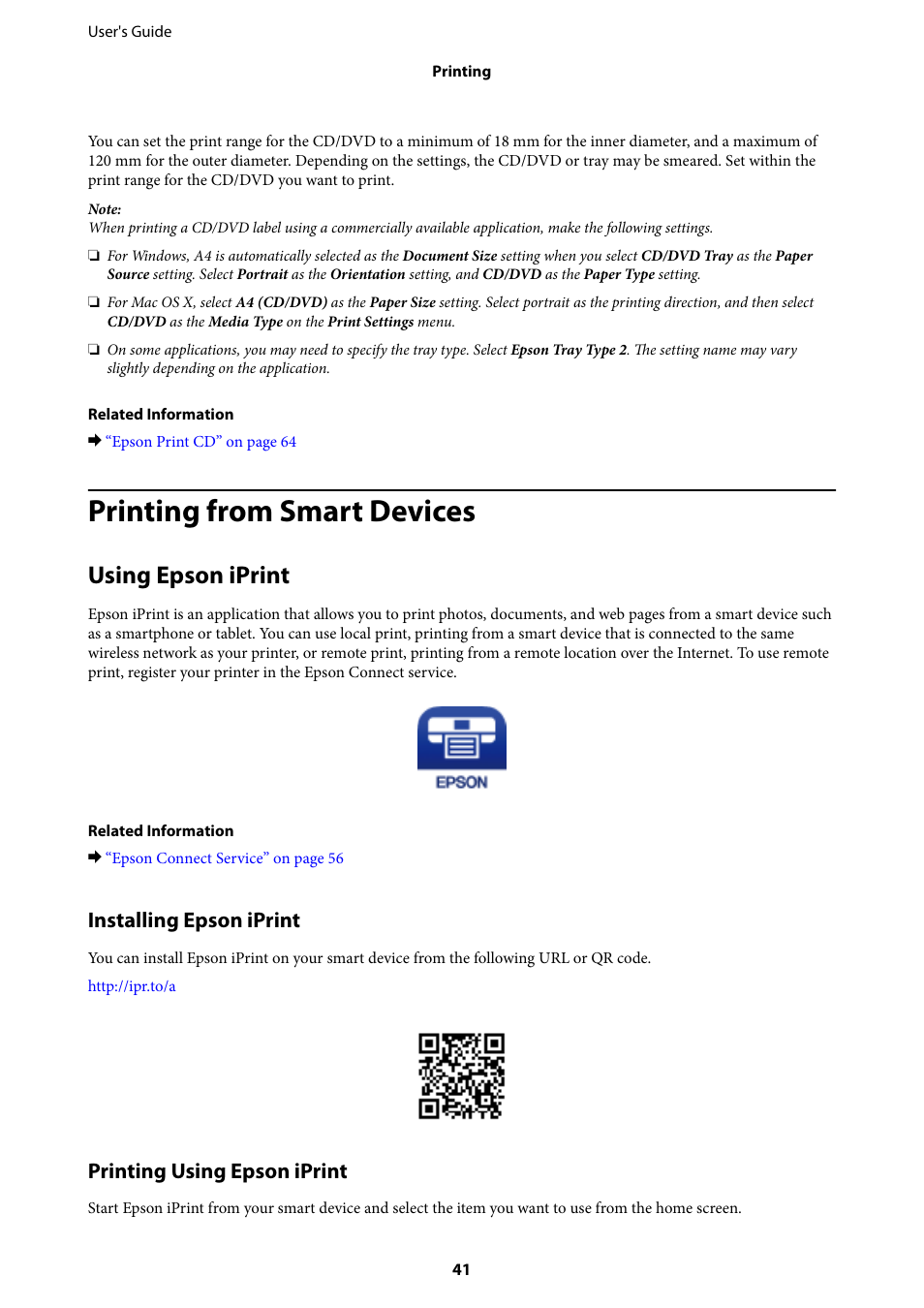 Printing from smart devices, Using epson iprint, Installing epson iprint | Printing using epson iprint | Epson L805 User Manual | Page 41 / 93