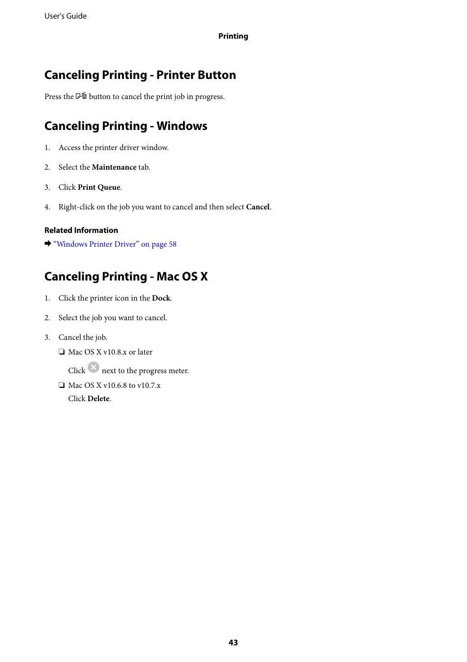 Canceling printing - printer button, Canceling printing - windows, Canceling printing - mac os x | Epson L805 User Manual | Page 43 / 93