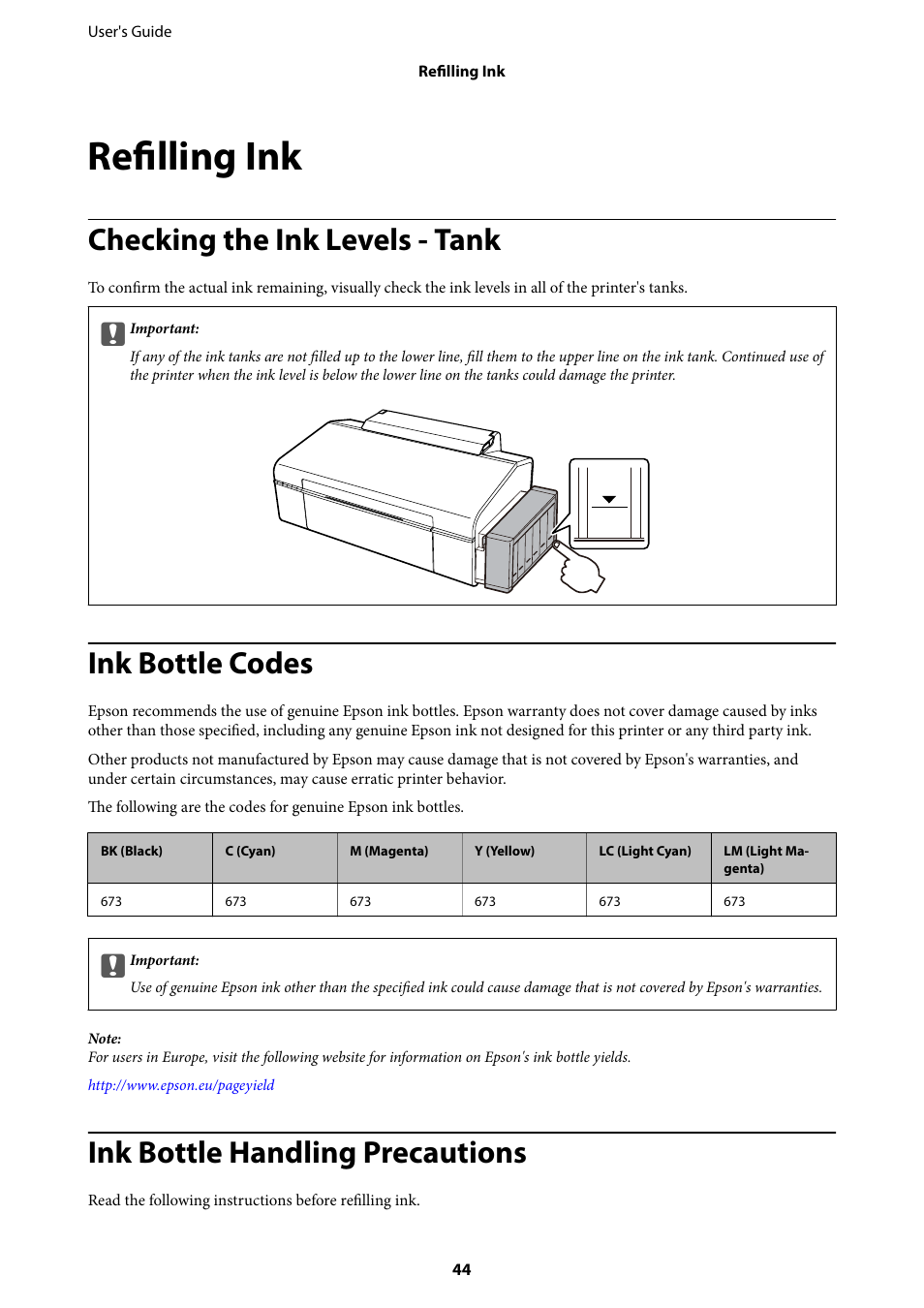 Refilling ink, Checking the ink levels - tank, Ink bottle codes | Ink bottle handling precautions | Epson L805 User Manual | Page 44 / 93