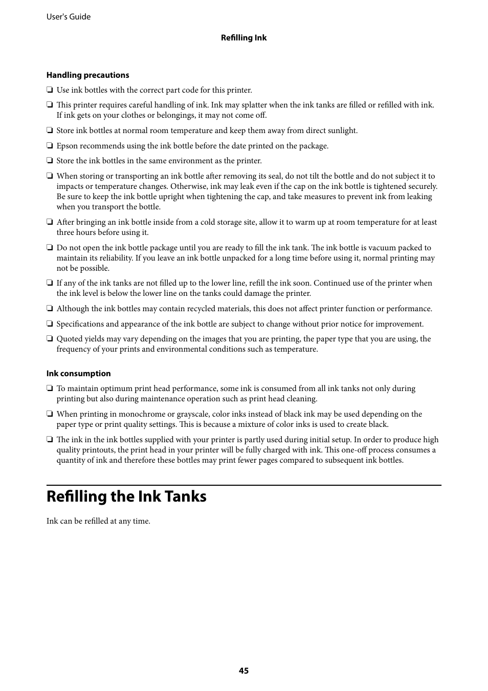 Refilling the ink tanks | Epson L805 User Manual | Page 45 / 93