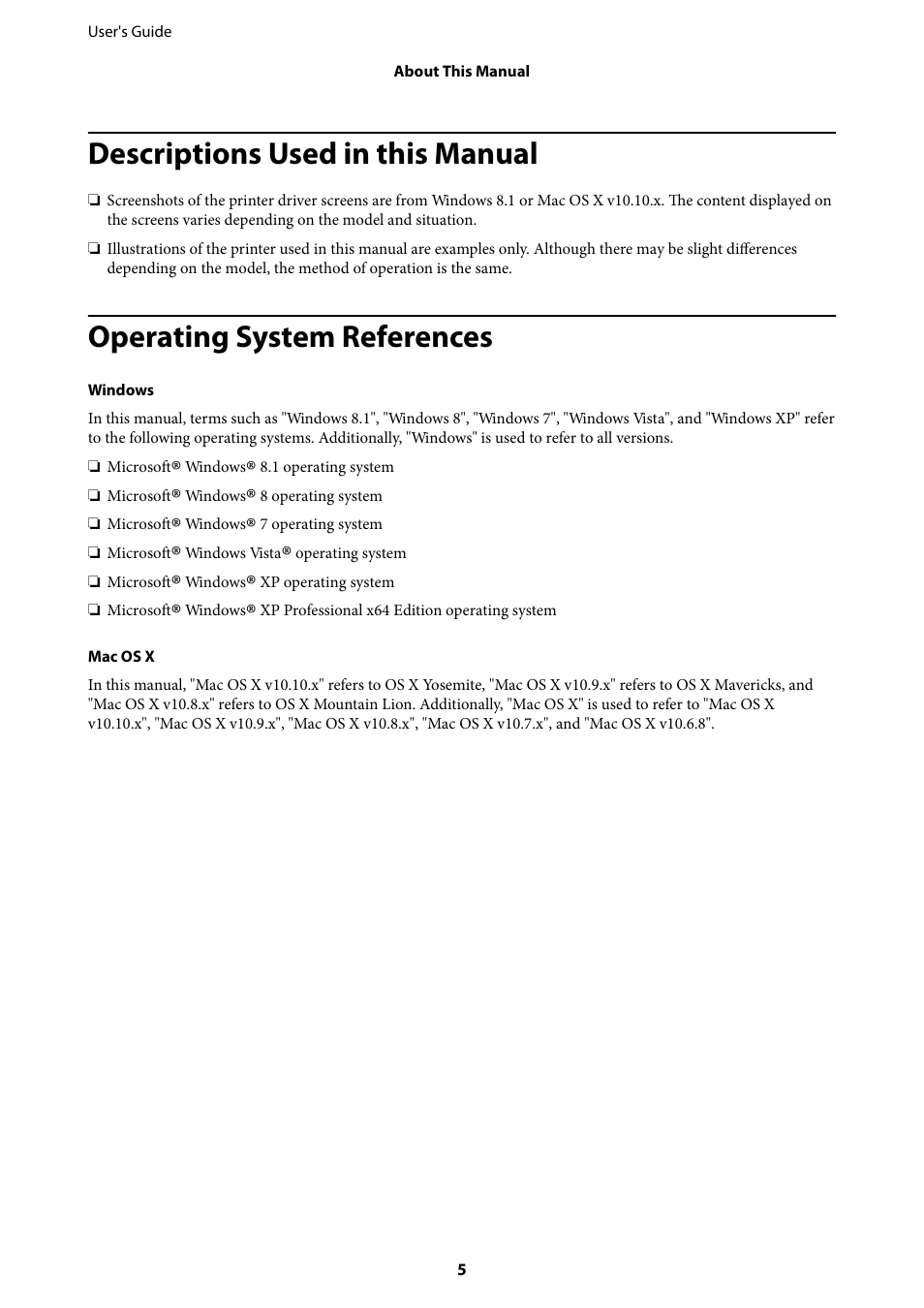 Descriptions used in this manual, Operating system references | Epson L805 User Manual | Page 5 / 93