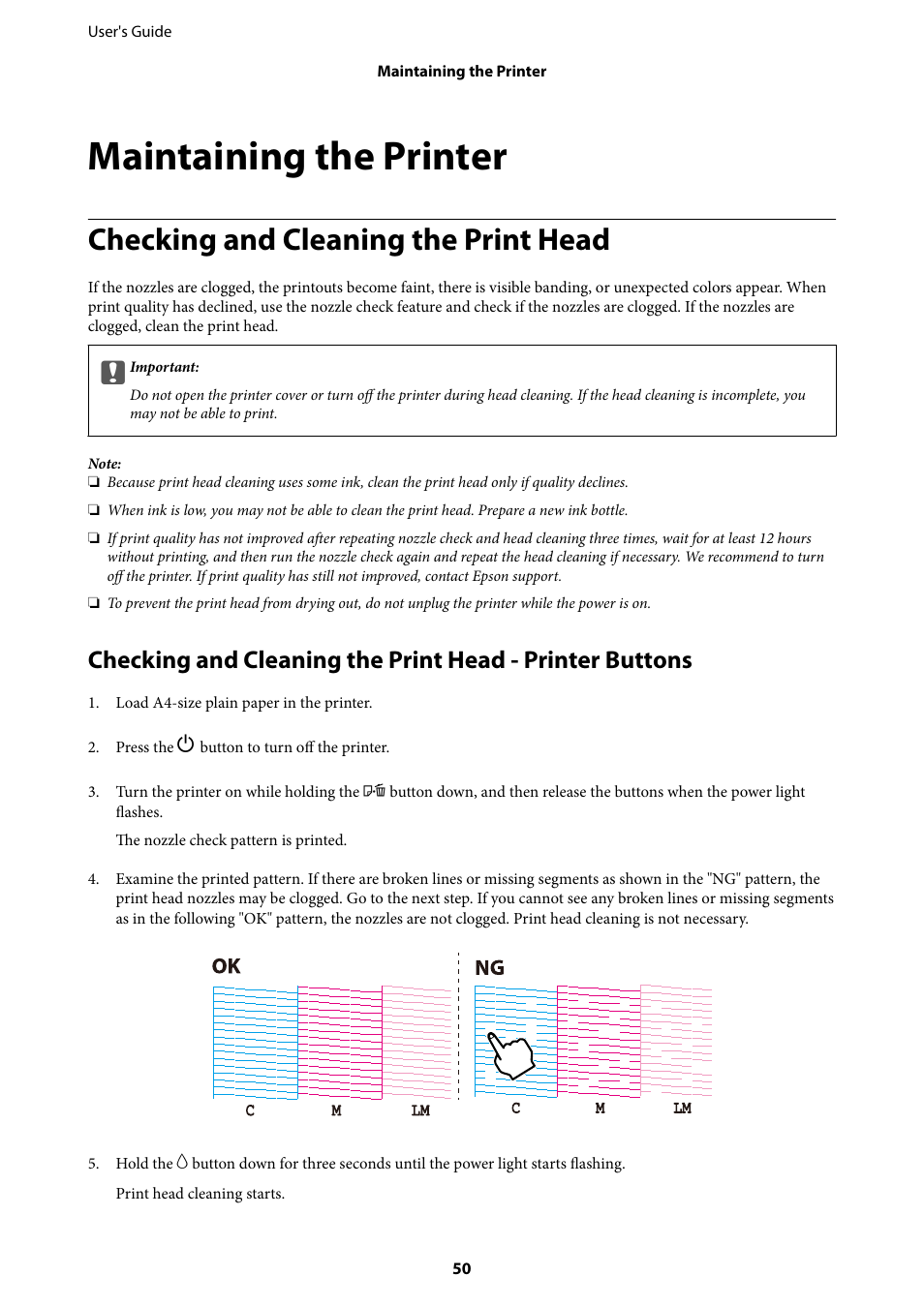 Maintaining the printer, Checking and cleaning the print head | Epson L805 User Manual | Page 50 / 93