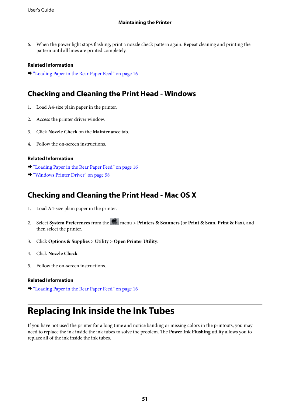 Checking and cleaning the print head - windows, Checking and cleaning the print head - mac os x, Replacing ink inside the ink tubes | Epson L805 User Manual | Page 51 / 93
