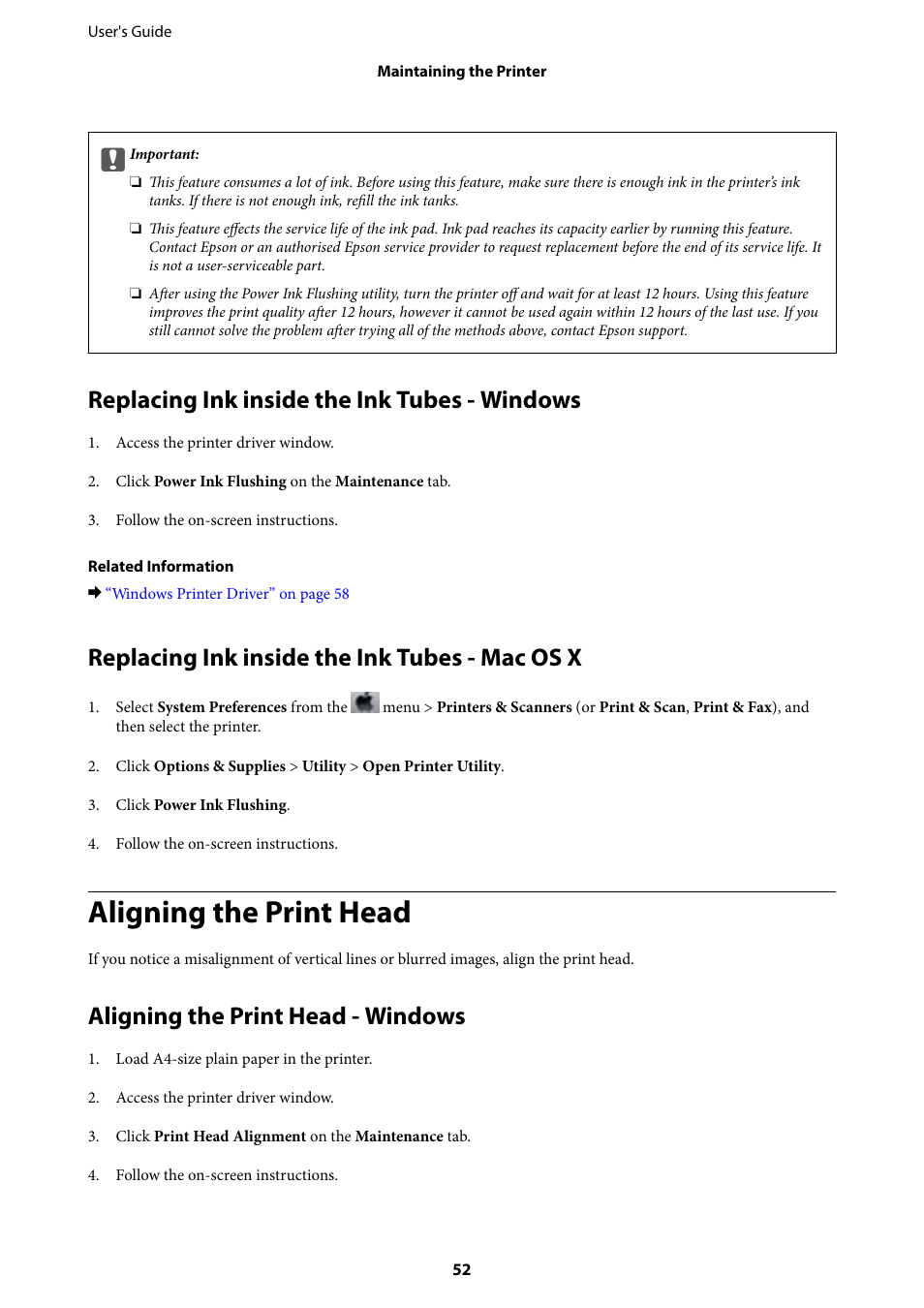 Replacing ink inside the ink tubes - windows, Replacing ink inside the ink tubes - mac os x, Aligning the print head | Aligning the print head - windows | Epson L805 User Manual | Page 52 / 93