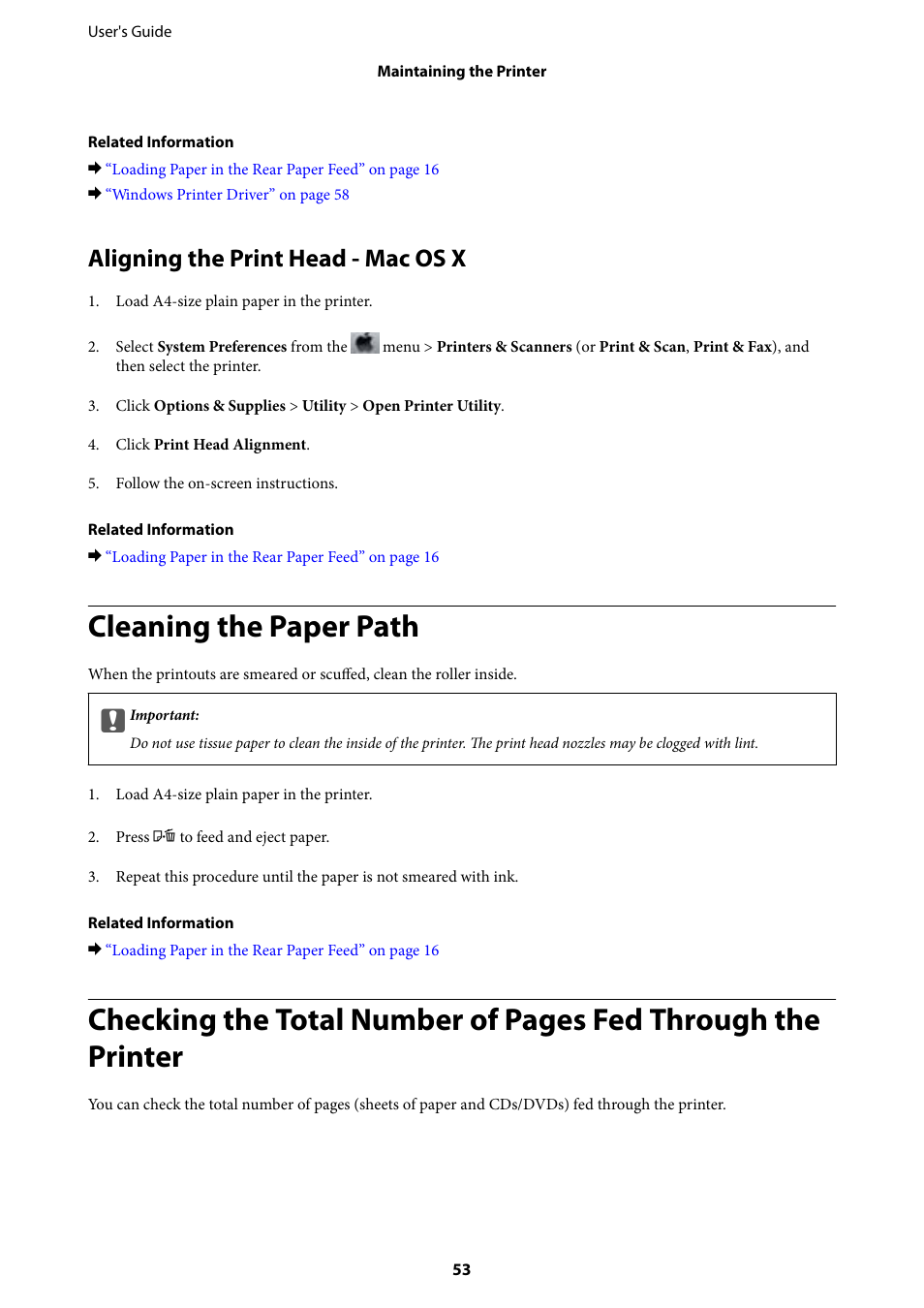 Aligning the print head - mac os x, Cleaning the paper path | Epson L805 User Manual | Page 53 / 93