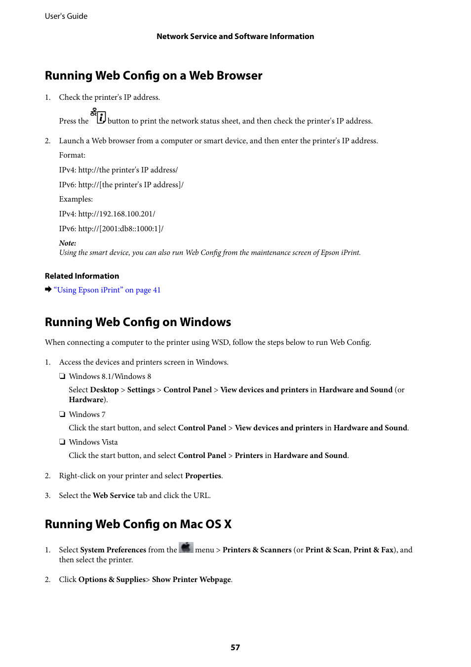 Running web config on a web browser, Running web config on windows, Running web config on mac os x | Epson L805 User Manual | Page 57 / 93